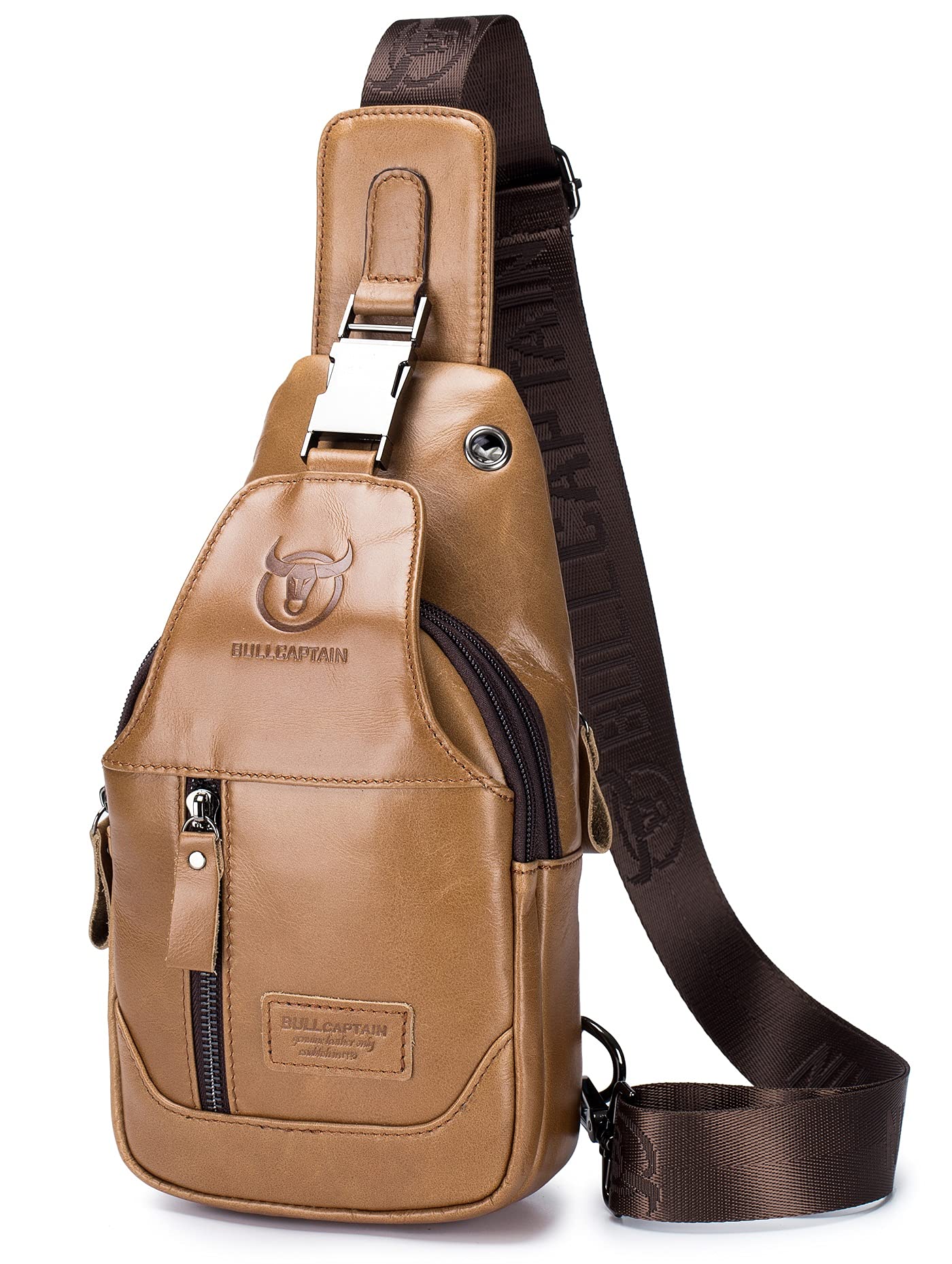 BULLCAPTAIN Genuine Leather Men Sling Backpack Multi Pocket Crossbody Chest Bags Travel Hiking Daypack
