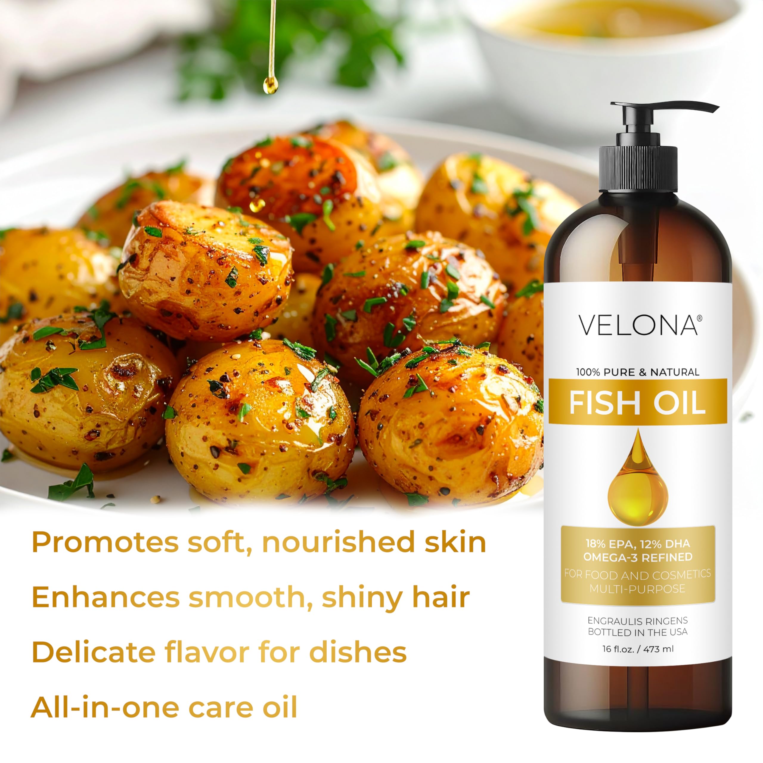 Amazon.com: velona Fish Omega-3 Oil 64 Fl Oz | 100% Pure and Natural  Carrier Oil | Refined | Vitamin E, D, Omega-3 | Cooking, Skin, Face, Body,  Hair Care | Use Today - Enjoy Results : Health & Household