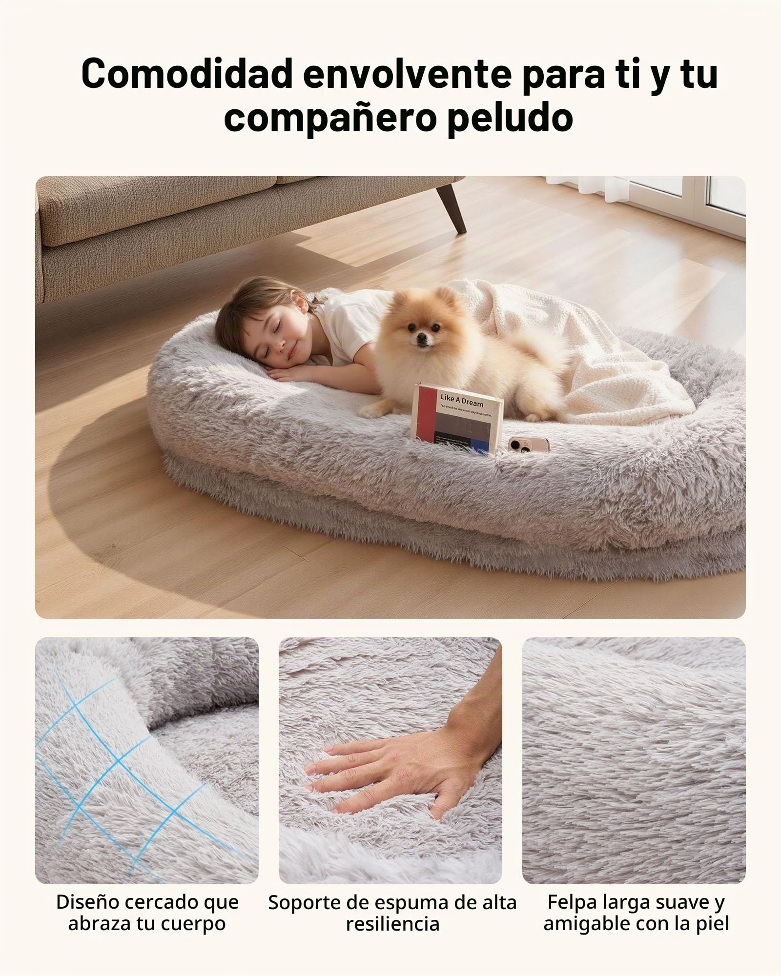 VEVOR Cama para Perros de Diseño Ovalado, de Espuma Viscoelástica, Tamaño Humano, con Bolsillo Lateral, Asa y Cremallera, Funda Extraíble y Lavable a Máquina, Color Gris, 1320 x 860 x 240 mm