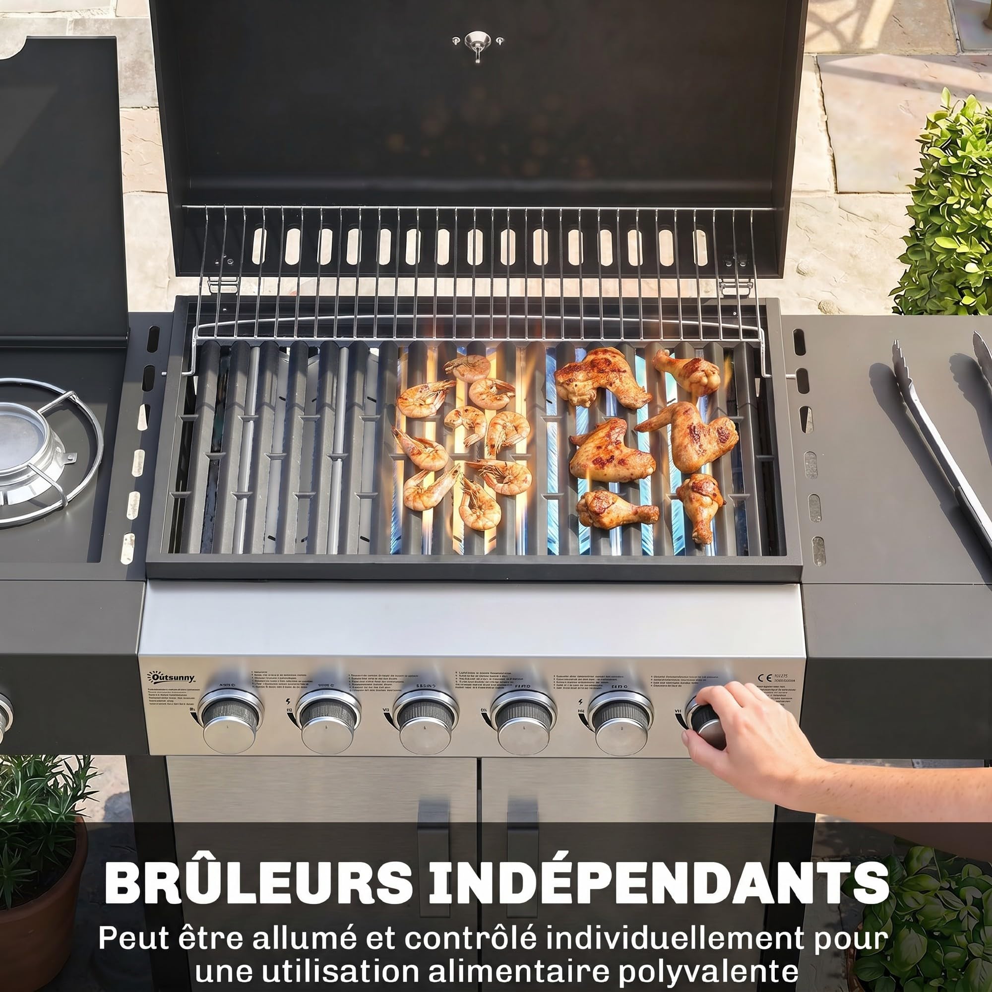 Outsunny Barbecue à gaz 6+1 brûleurs chariot portable avec roues, grille de maintien au chaud, thermomètre intégré, étagères latérales, placard et couvercle Noir