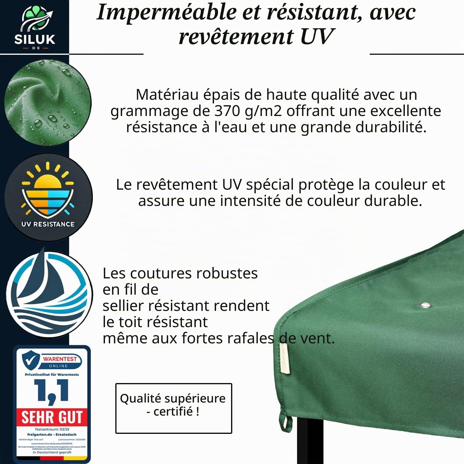 Modèle 2 Toit de rechange pour pavillon de jardin 3 x 3 m Étanche Matériau Panama en PCV souple 370 g/m² ultra résistant