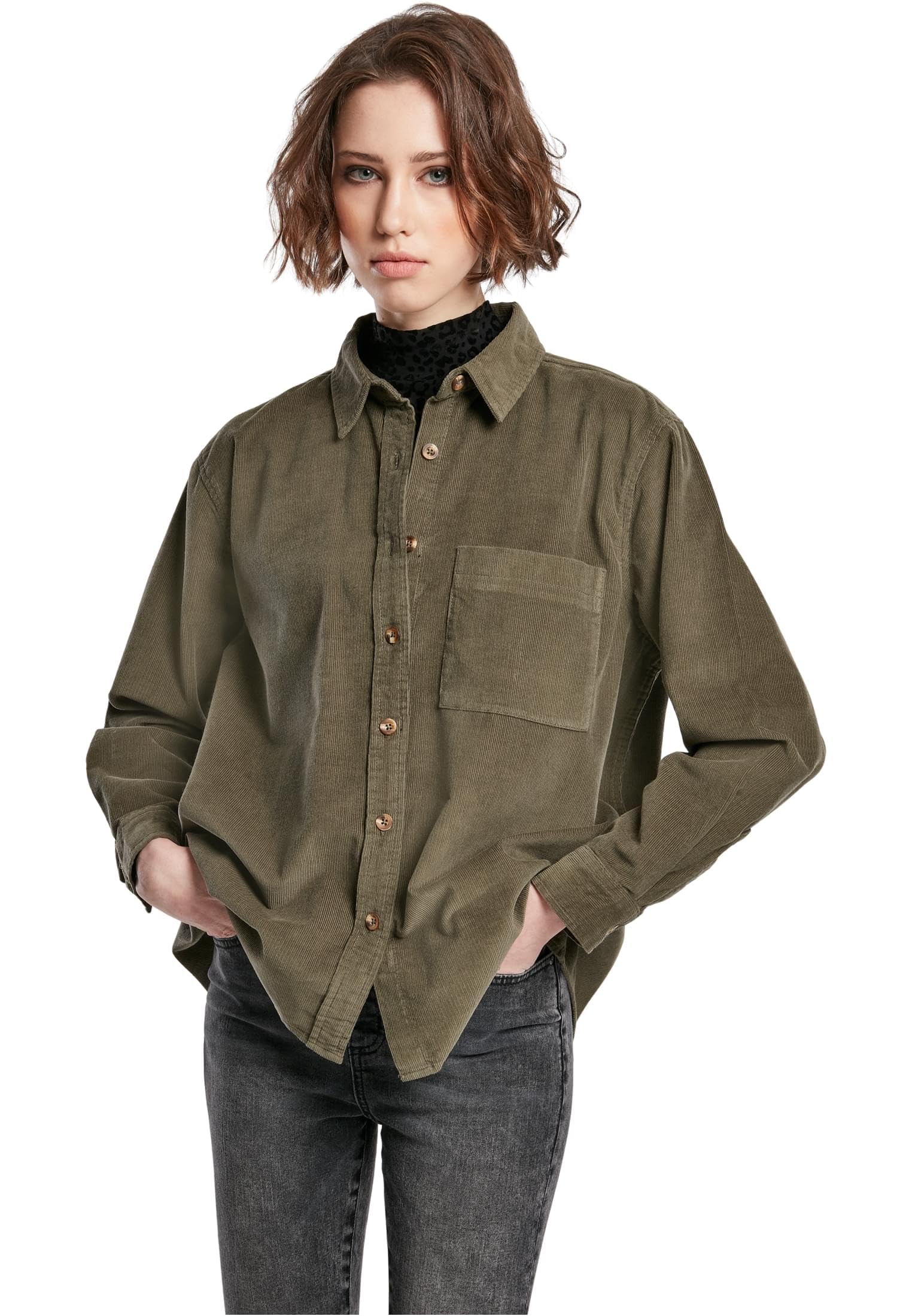 Urban Classics Women's Ladies Corduroy Oversized Shirt, Olive, XL