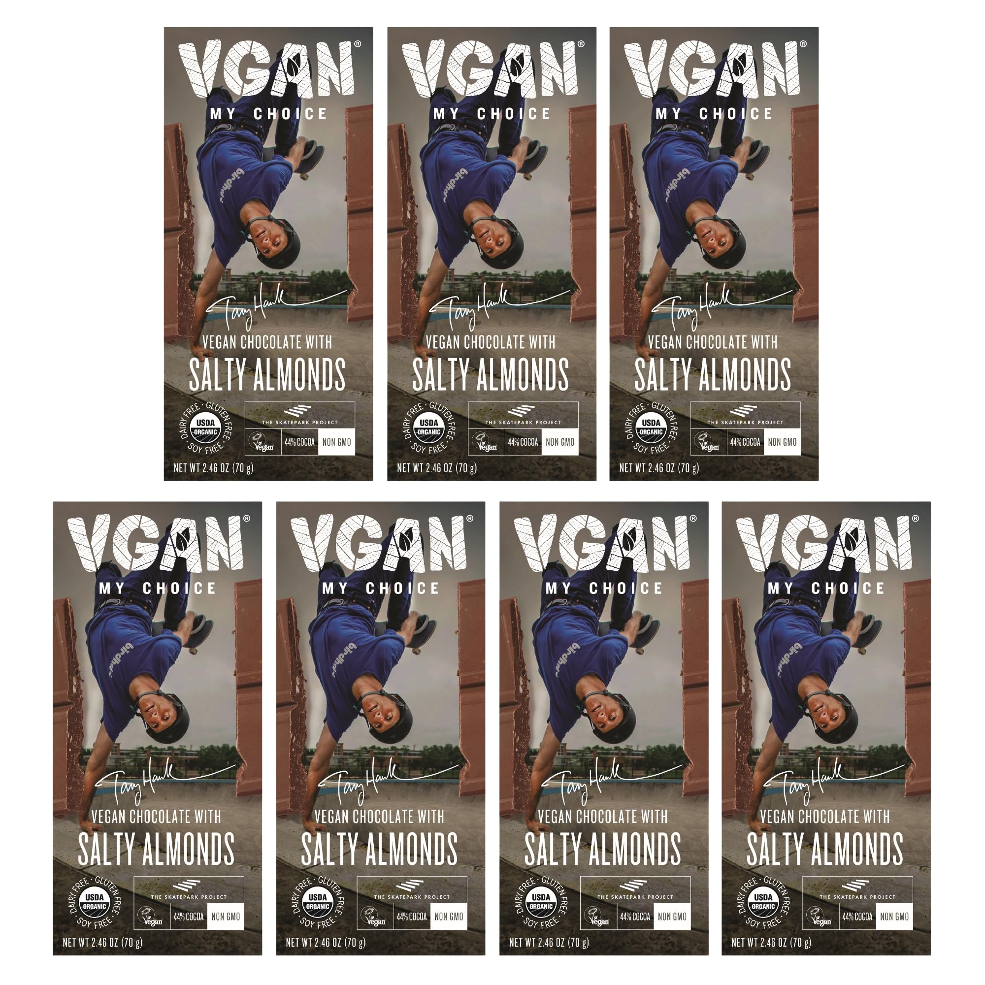 VGAN Vegan Chocolate Bars, Gluten Free Snacks, Plant Based, Soy and Dairy Free, Organic Ingredients, Cruelty Free, Kosher, and Non GMO, My Choice Tony Hawk Chocolate with Salty Almonds, 7 Pack