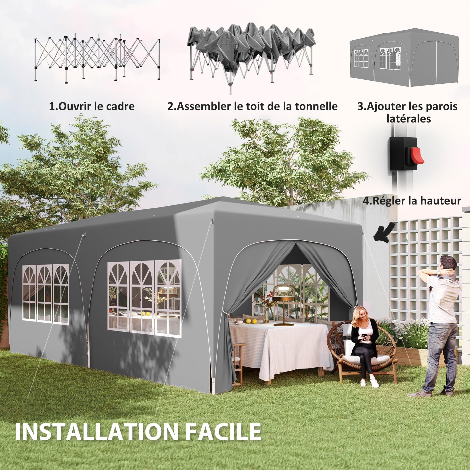 Outsunny Tonnelle de jardin extérieure 3 x 6 m, tonnelle pliante pop up, hauteur réglable, sac de transport et sacs de sable, protection UPF50+, barnum pliant pour camping, festival, patio, gris clair