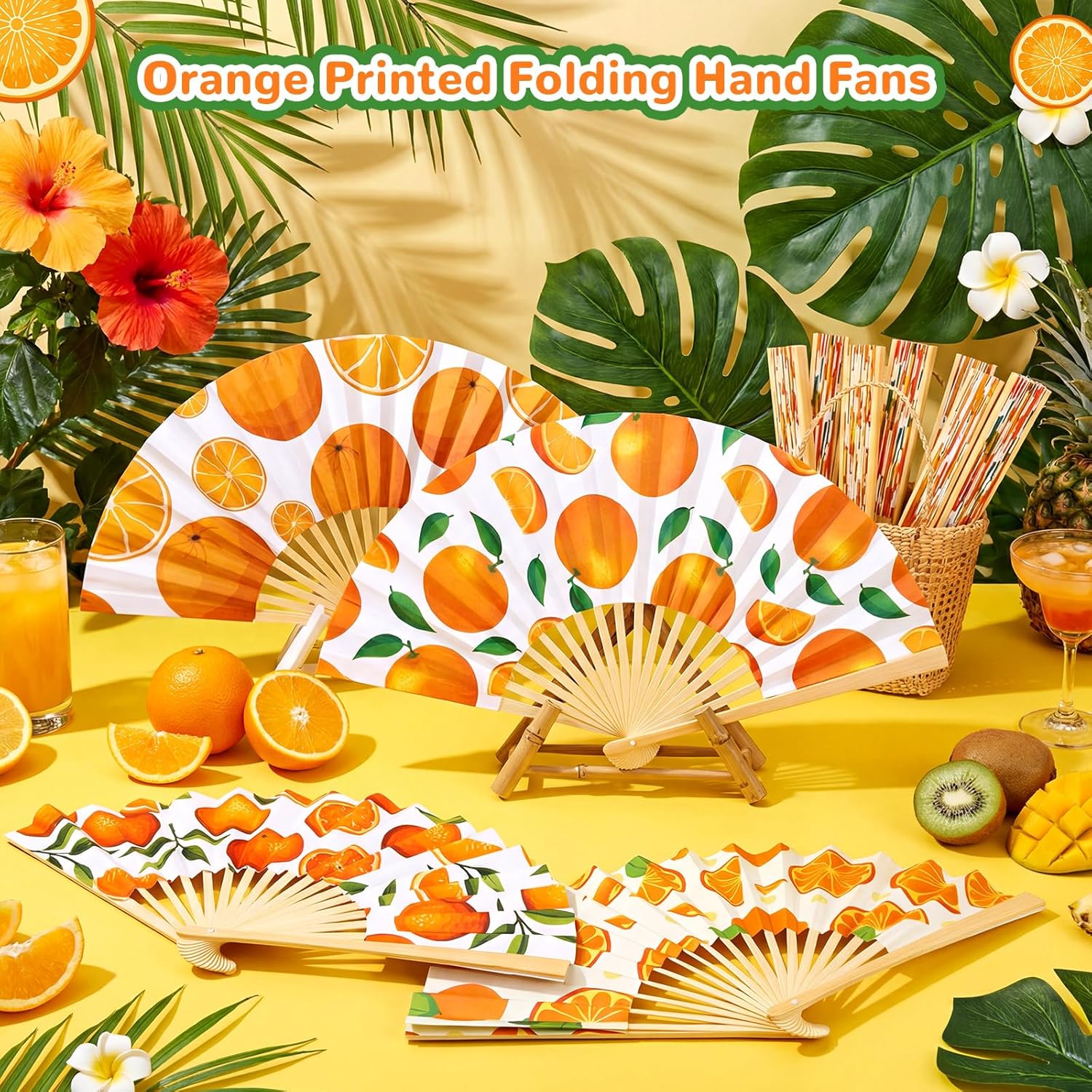 24 Pack Orange Printed Folding Hand Fans Orange Handheld Folding Fans Bulk Guests Decorative Paper Hands Fan for Women Wedding Party Supplies Bridal Shower Wedding Bridesmaid Gift Party Favors