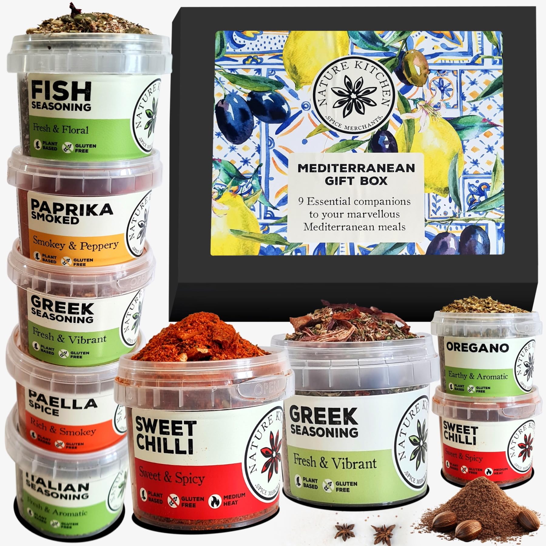 Nature KitchenMediterranean Gourmet Seasoning Mix Gift Set. 9X Gluten-Free Herbs and Spices for Cooking Exciting and Healthy New Recipes. Including Paella Spice