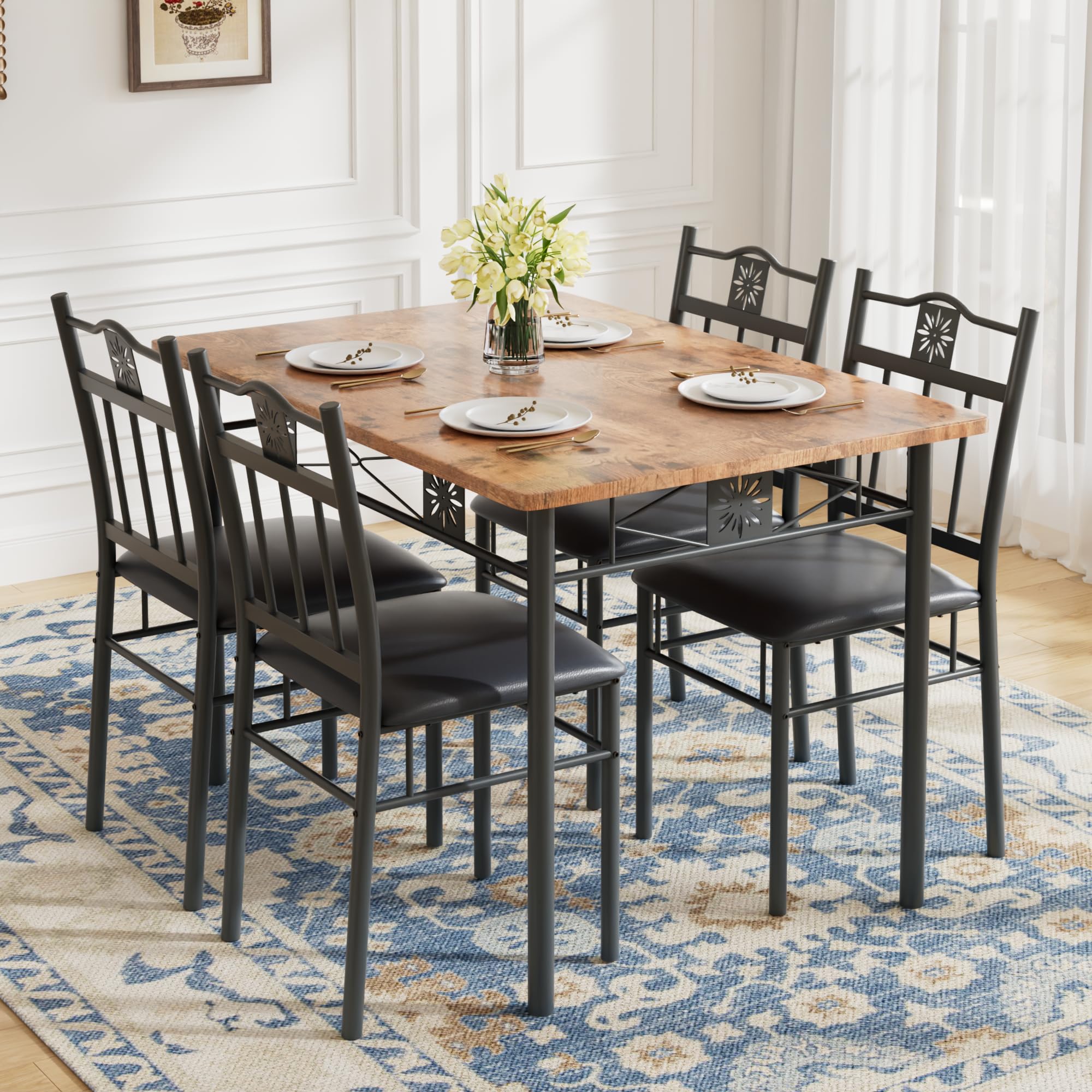 VECELO Dining Table Set for 4, 5-Piece Wood Kitchen Table with Upholstered Padded Chairs for Small Space, Breakfast Nook, Space-Saving, Brown