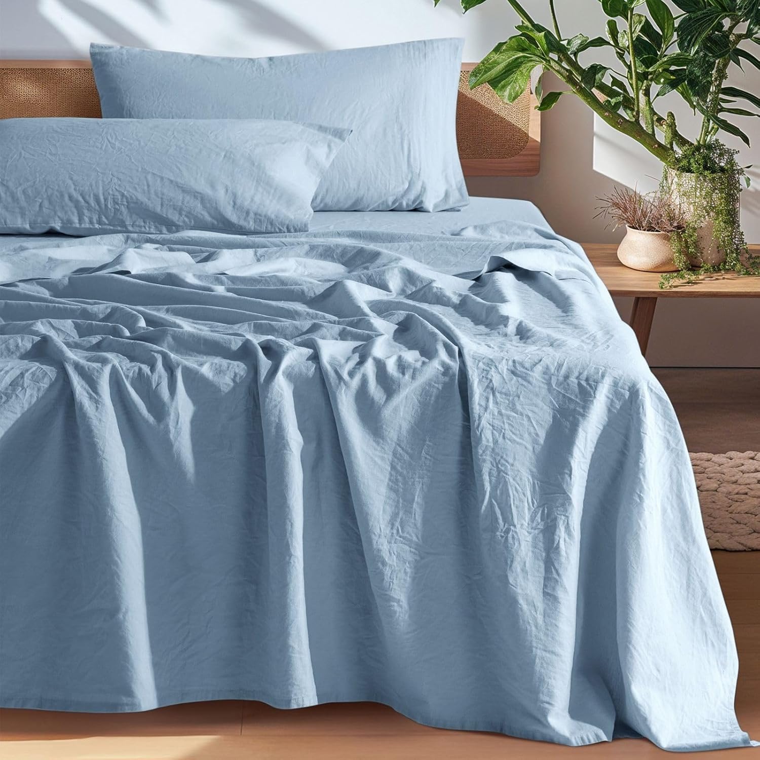 SONORO KATE 100% French Pure Linen Sheets, Breathable and Durable Linen King Size Sheets, Anti-Tear Linen Bed Sheets, Machine Washable, 16 Inch Deep Pocket - 4 Piece (Dusty Blue, King)