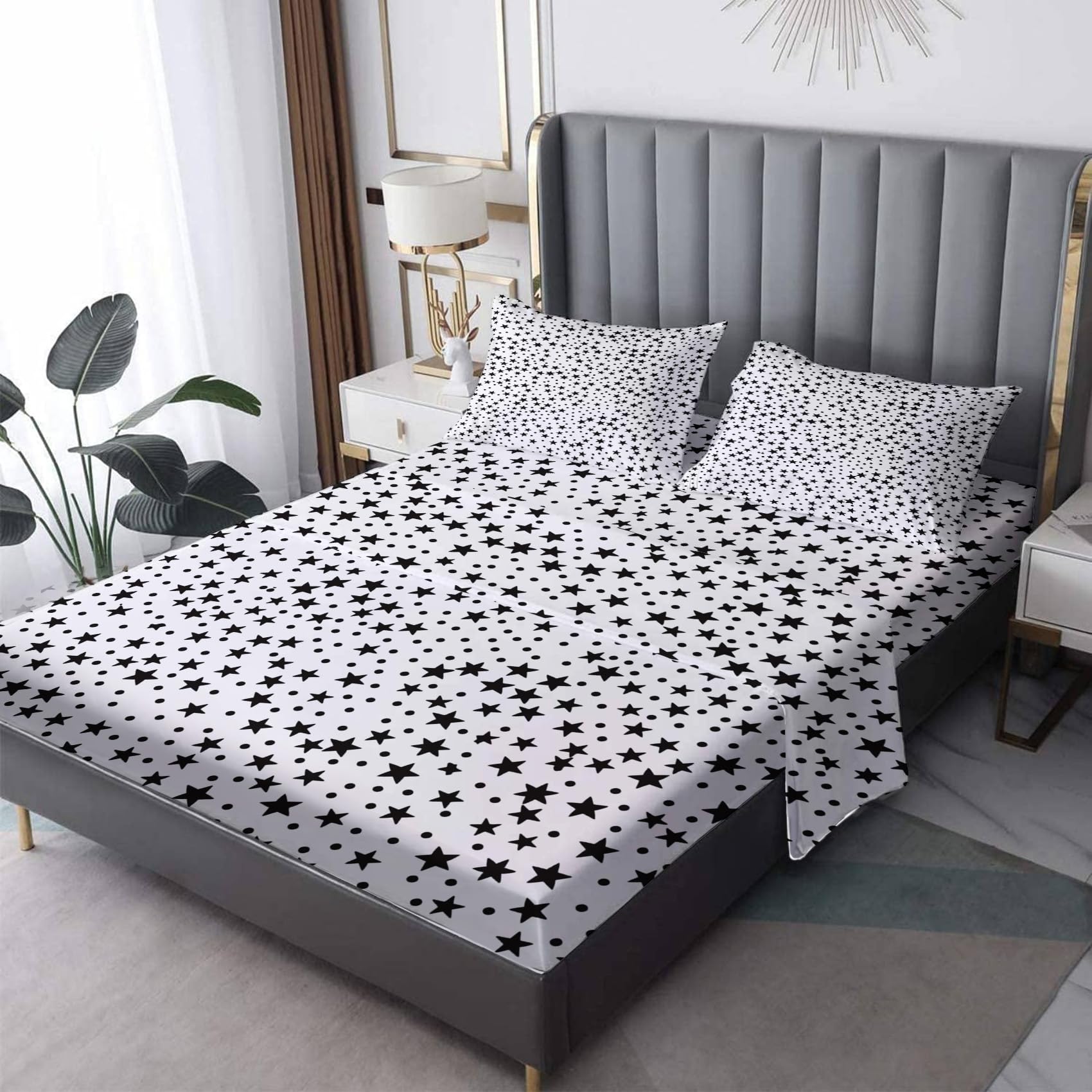 zcsm Kids Sheets Queen Sheet Set - Star and Polka Dot Bed Sheets, Soft Microfiber & Deep Pocket & Wrinkle Free Patterned Bedding Sheets & Pillowcases, 1 Fitted Sheet, 1 Flat Sheet, 2 Pillow Cases