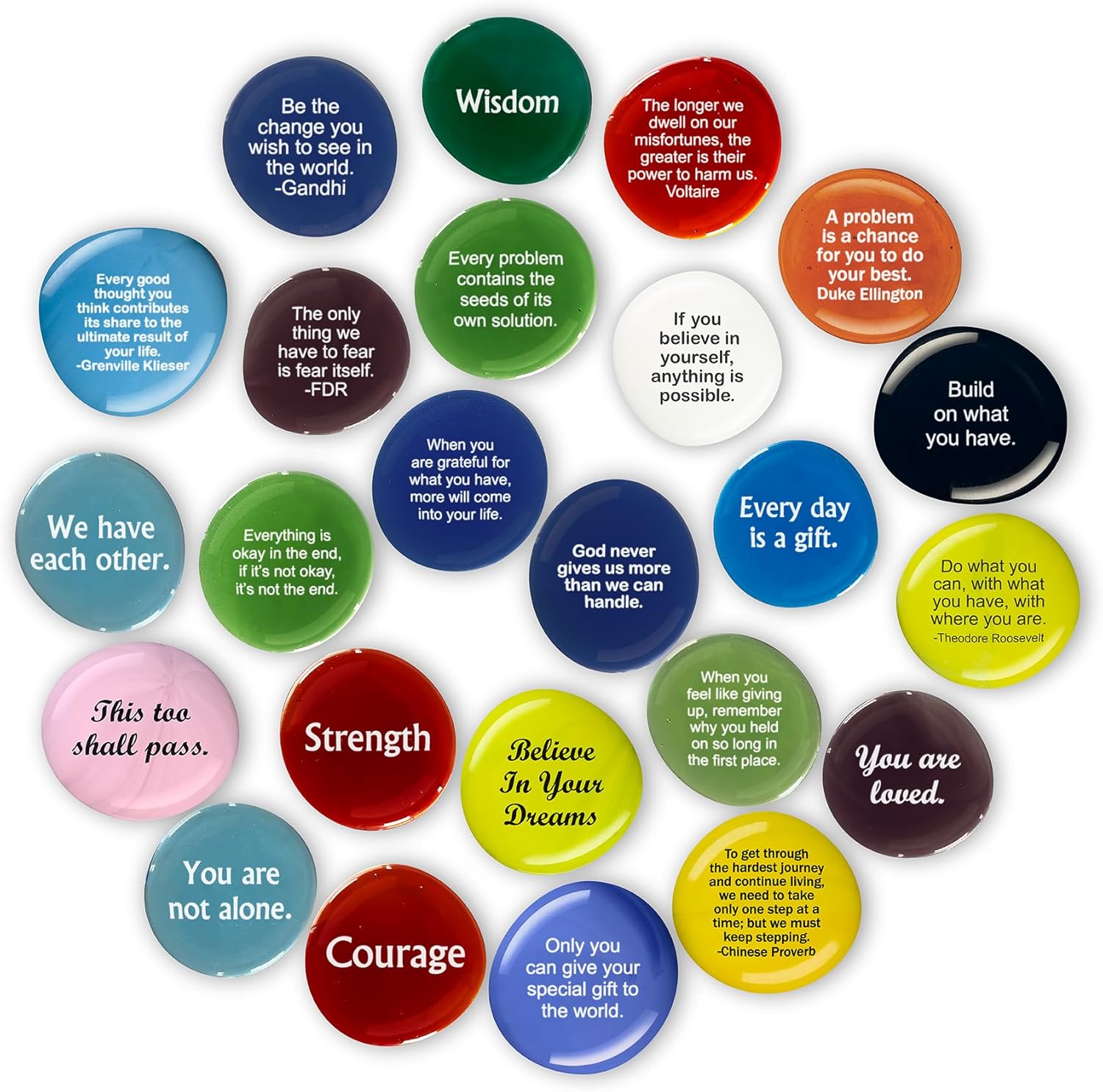 Encouragement Stones, Set of 24 Motivational and Inspirational Quotes and Sayings on Translucent and Opaque Glass Stones, by Lifeforce Glass.