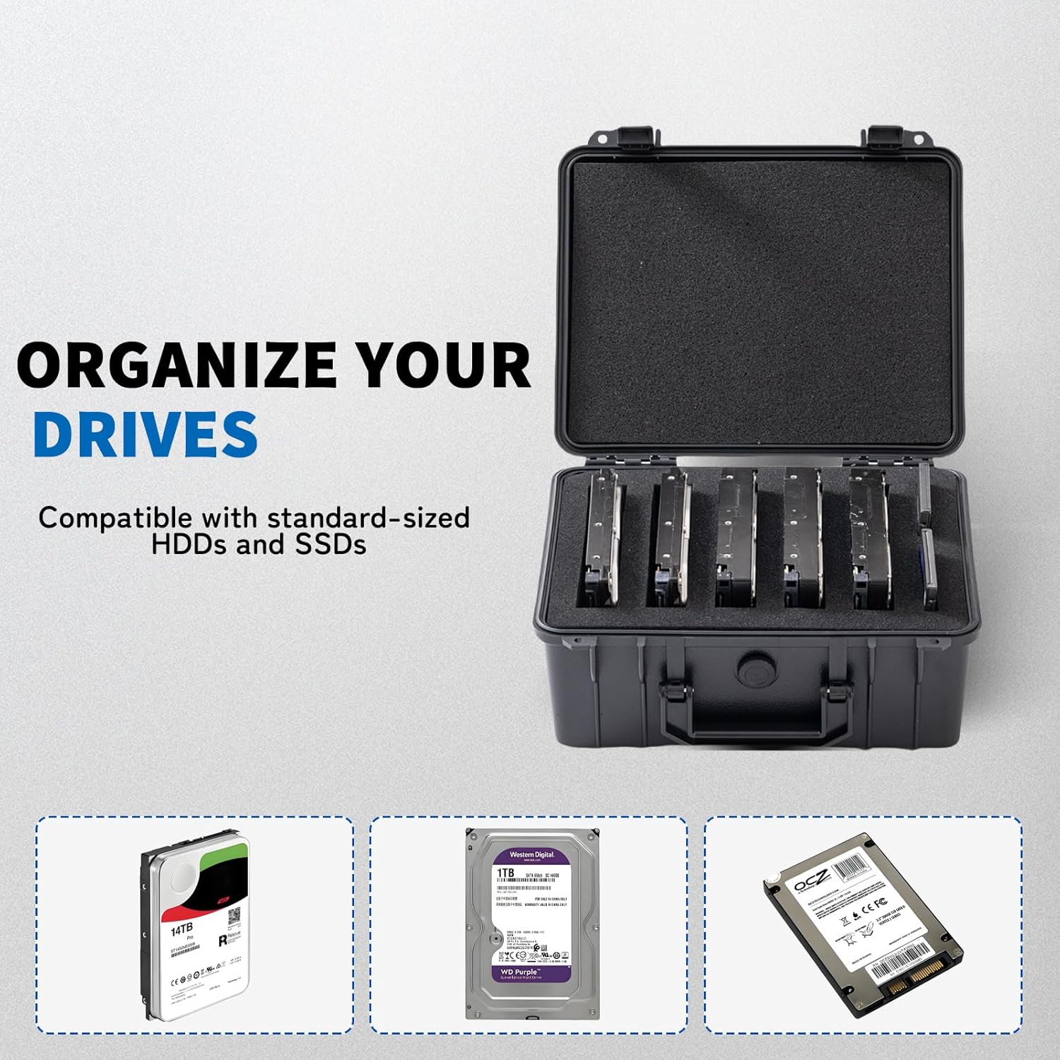 Hard Drive Case for 3.5" HDD & 2.5" SSD - 5-Bay Shockproof PP Storage Box with Pre-Cut Foam, IP54 Splash Resistance & Anti-Static Protection (Compact & Lightweight)