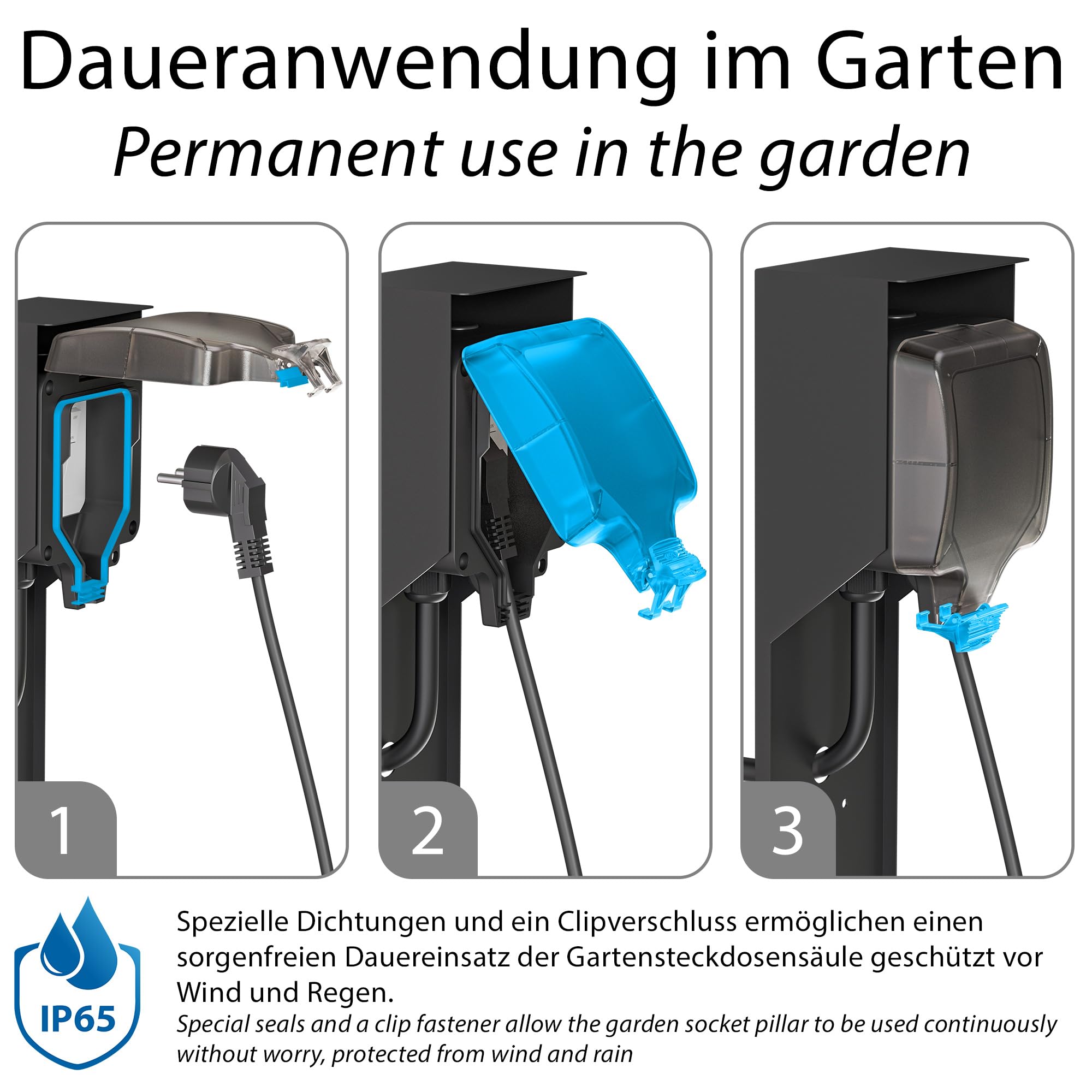 ledscom.de Colonnina con presa da giardino POXO (2 pezzi) con picchetto da terra per esterni, IP65, a 1 presa, acciaio inossidabile, nera, squadrata, 40 cm