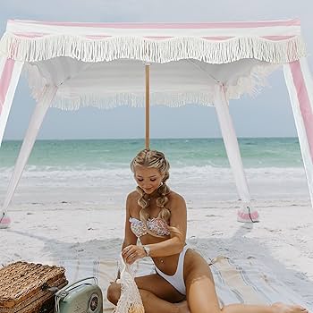 AMMSUN Beach Cabana with Fringe, 6'×6' Boho Beach Canopy