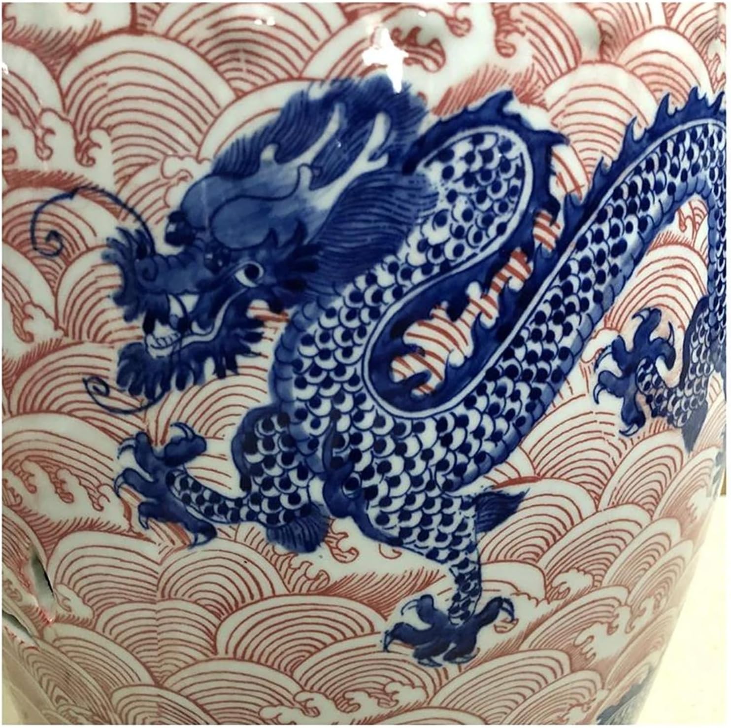 Decorative Garden Stools, Red and Blue Auspicious Cloud Dragon Pattern Neoclassical Drum Stool End Table