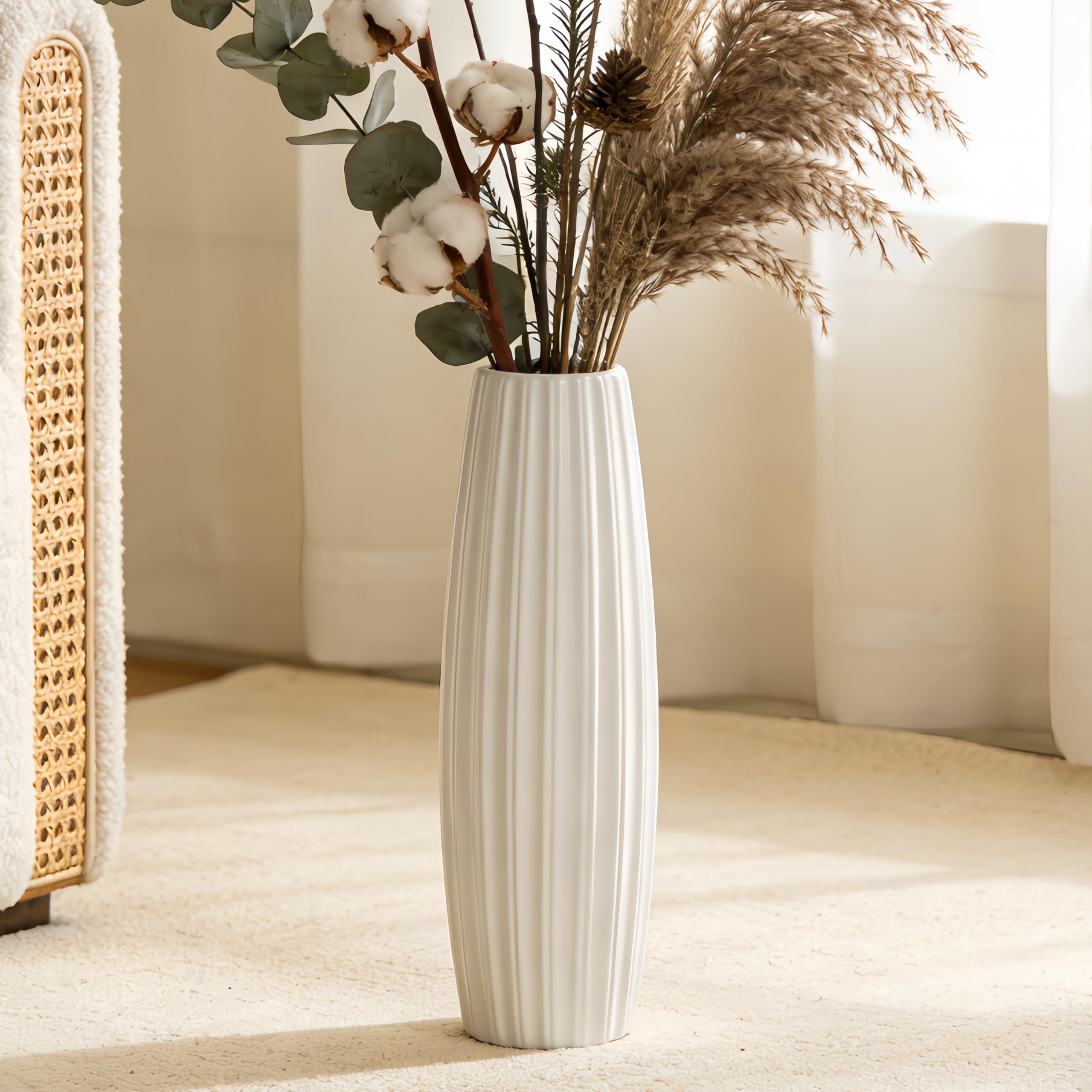 Large Floor Ceramic Vase 17.7 Inches Tall,White Modern Flower Tall