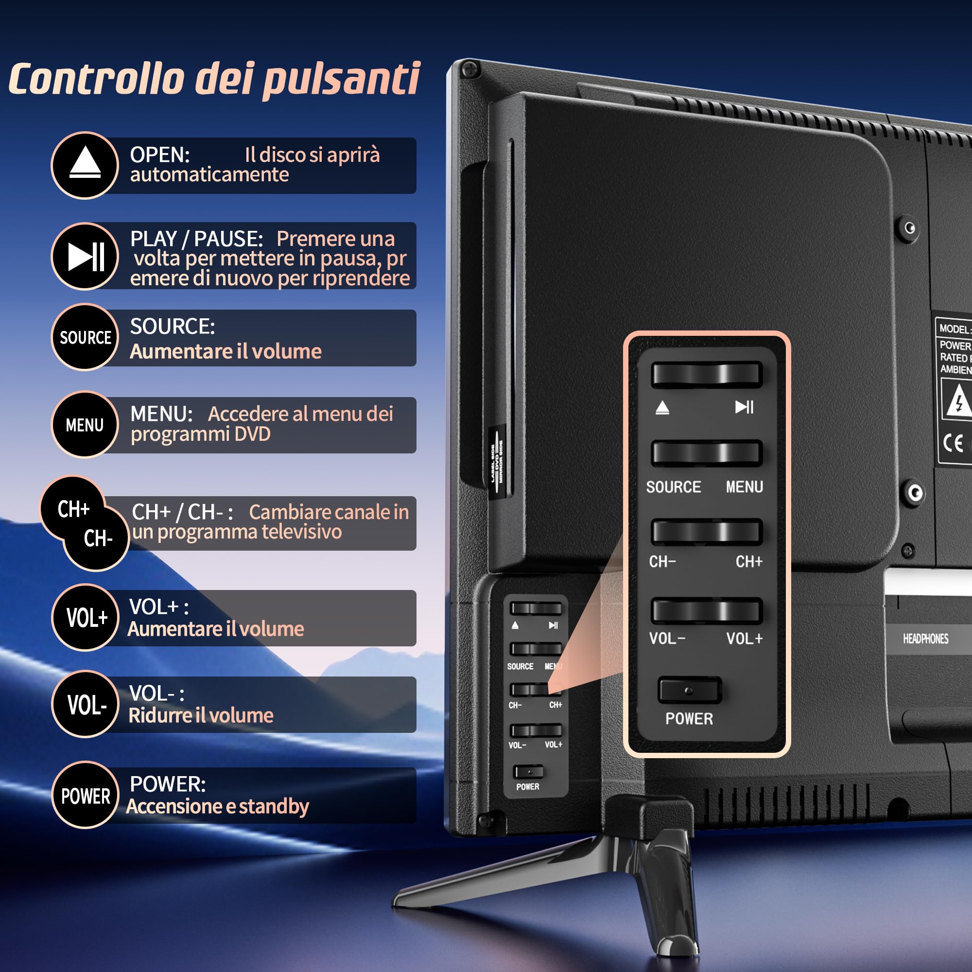 Desobry TV Piccola 19 pollici con lettore DVD incorporato, 1080P Mini TV supporta AV HDMI USB dell'antenna per camera da letto/cucina,12v per camper/caravan/motorhome/camper van