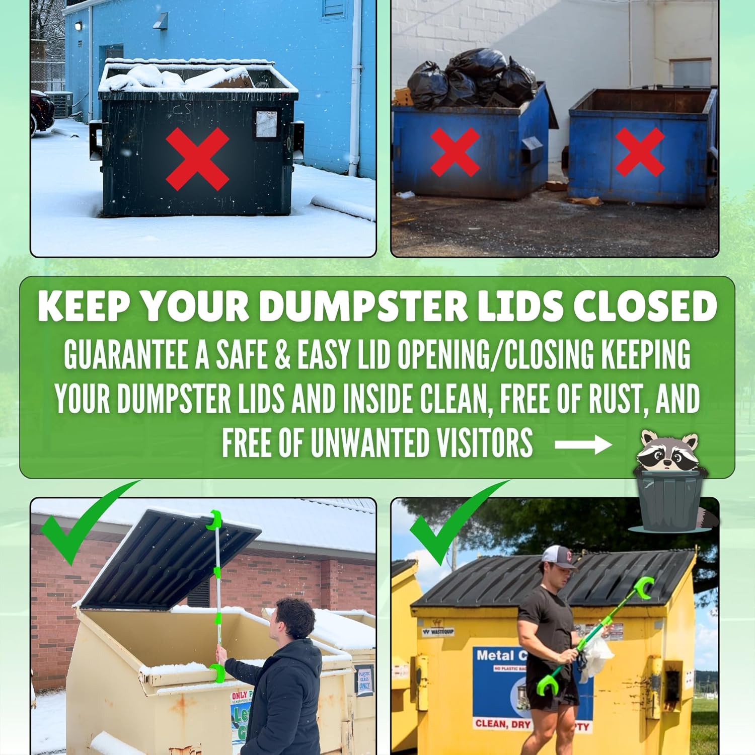 PropDaddy Trash and Recycling Dumpster Lid Prop Tool, Non-Contact Dumpster Opener, 3 Foot Lid Clearance, Black and Green