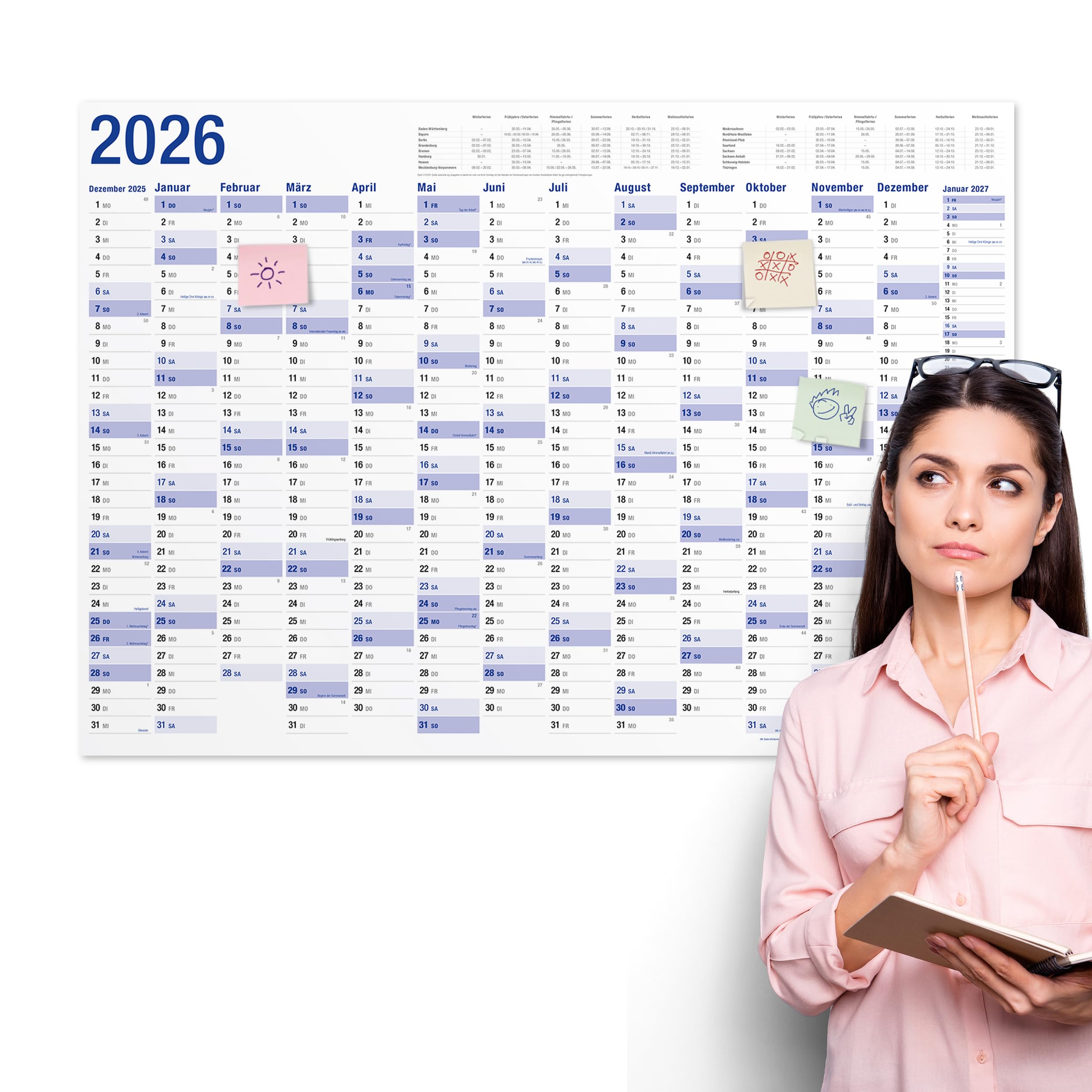 Yohmoe® XXL Wandkalender 2026 groß (98 x 68 cm) GEFALZT in Poster Größe. Querformat, gefaltet - Kalender 2026 Wandkalender