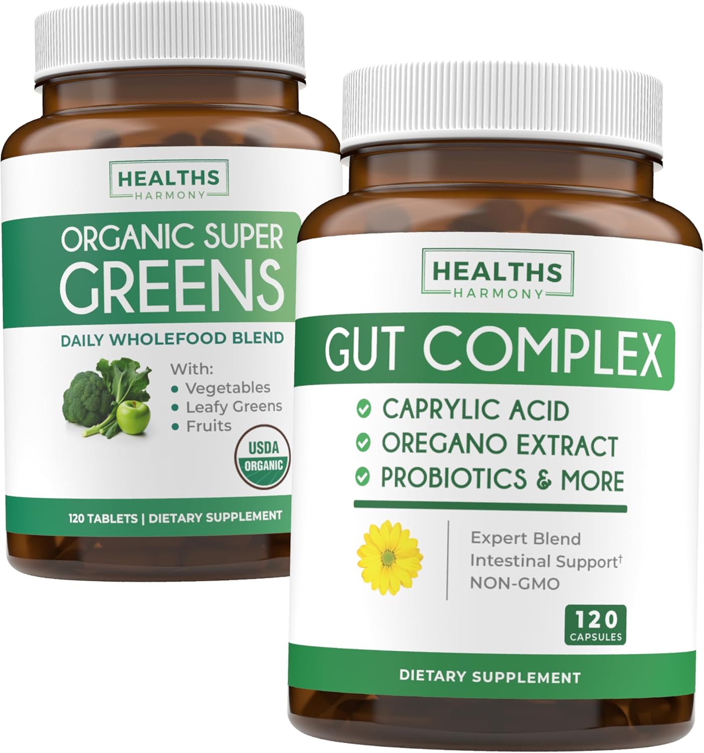 Super Greens & Gut Complex (2-Month Supply) Digestive Greens Bundle of Organic Super Greens Powder - Complete Superfood (120 Capsules) & Gut Complex - Candida Support Probiotics Gut Cleanse (120 Caps)