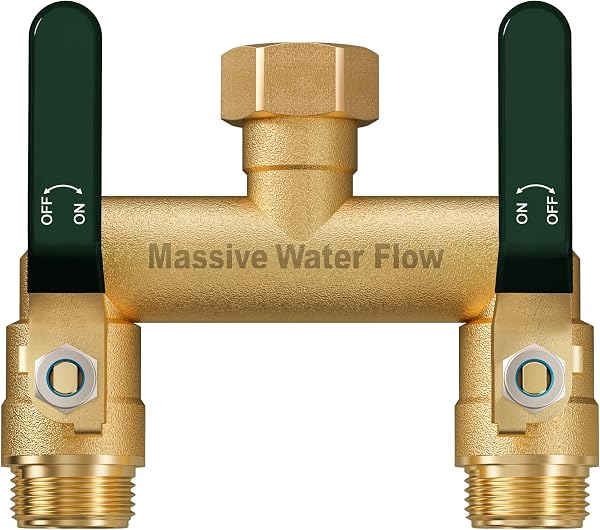 HugWaFlw Distributeur 2 Voies, Robinet Double Machine a Laver, Adaptateur Robine, 2 Voies Diviseur de Tuyau Arrosage, Filetage de 3/4Pouce, Débit d'eau Réglable et Verrouillable-Poignée Verte - 1