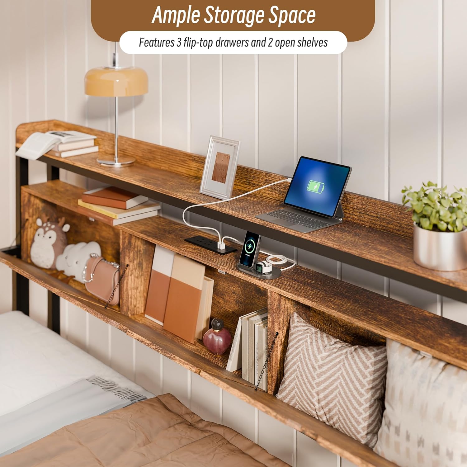 Close-up of storage headboard