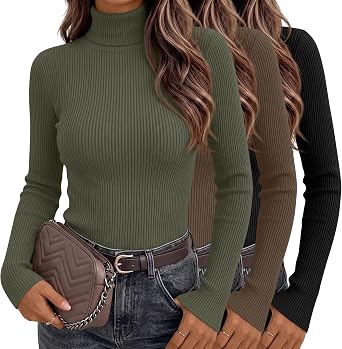 3 Pack Women Ribbed Turtleneck Tops Long Sleeve Shirt