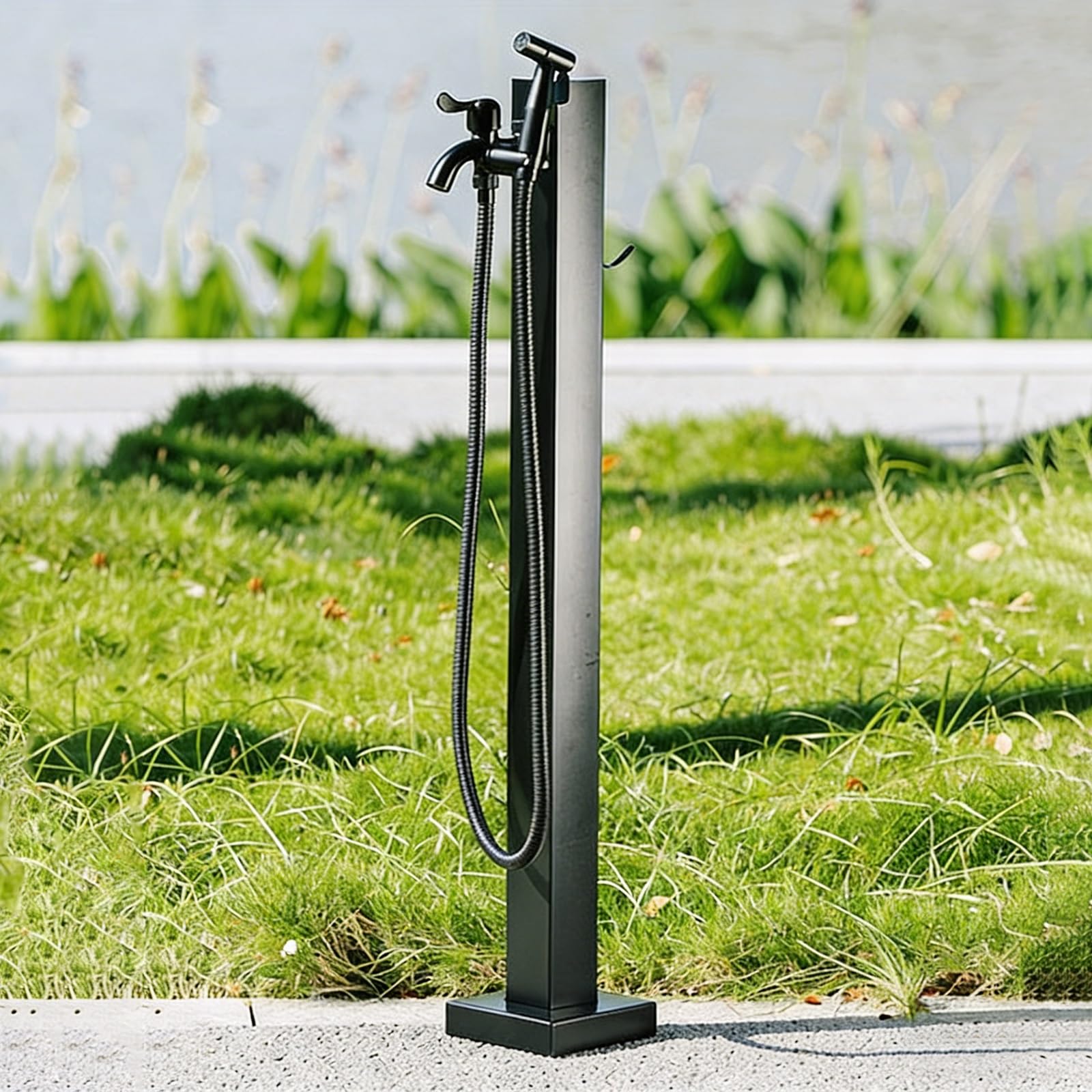 Stainless Steel Vertical Garden Water Column, Outdoor Tap Post Stand, Water Hose Stand with Faucet & Spray Gun, for Courtyard Irrigation and Watering(Black,95cm/37.4in) — image 1