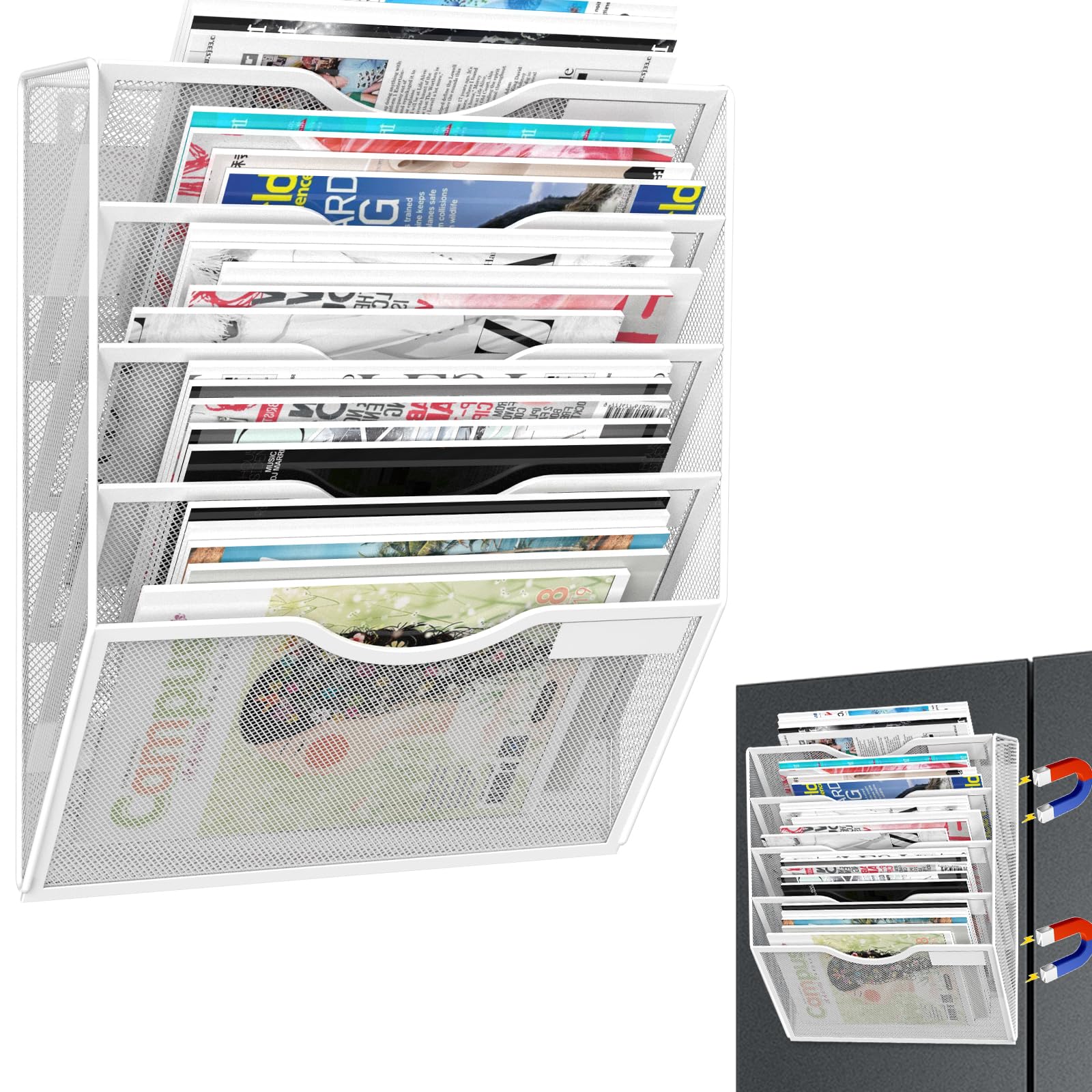 LQPAFZ 5-Tier Magnetic File Organizer, No Drilling Installation, White Magnetic Paper Holder, Magazine Rack for Refrigerator and File Cabinets