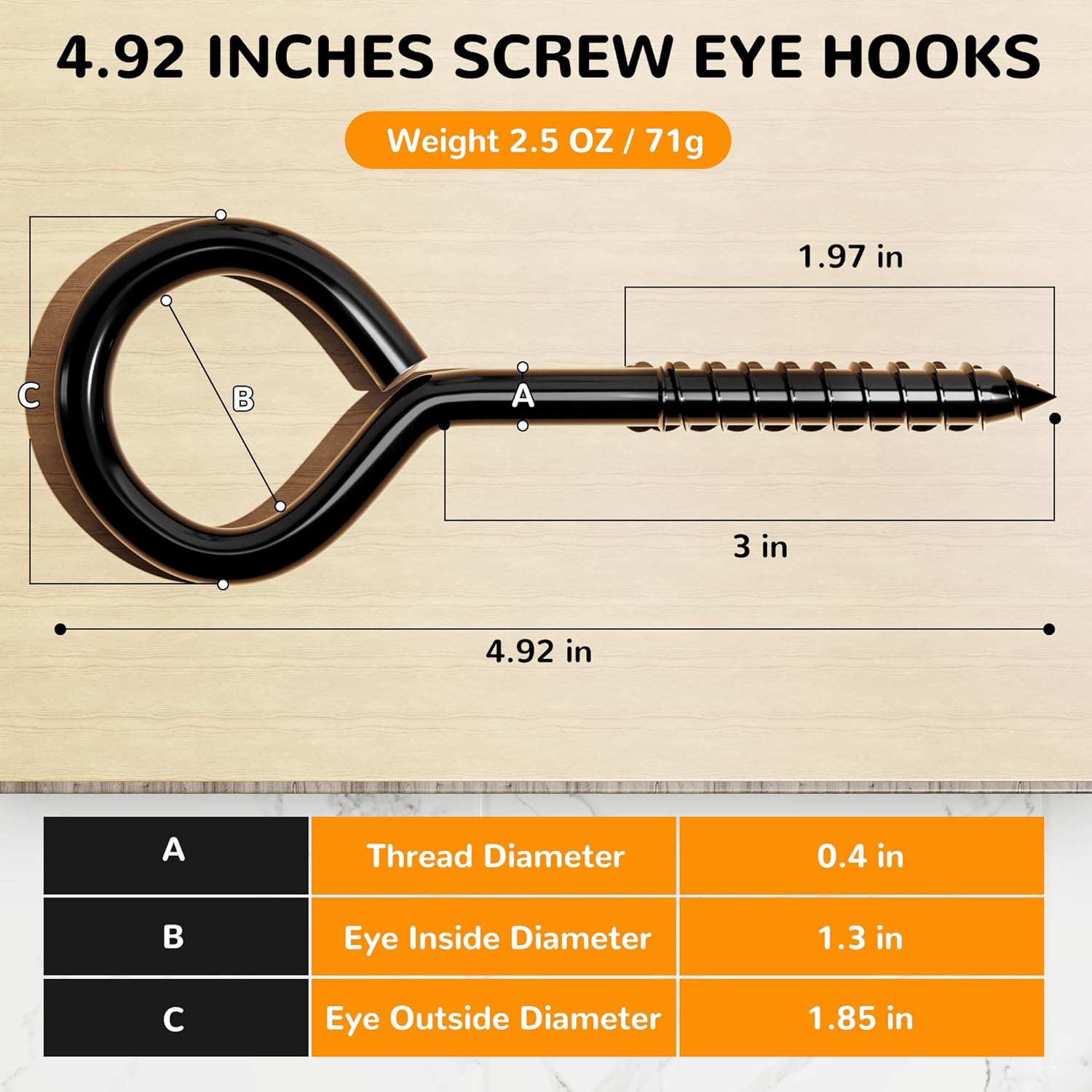 4 Pack 5 Inch Eye Bolts Screw in Hooks, Heavy Duty Black Large Screw in Eye Hooks, Eye Hammock Stand Hooks Screw for Hanging, Tie-Downs, Heavy Indoor & Outdoor Uses - Image 2