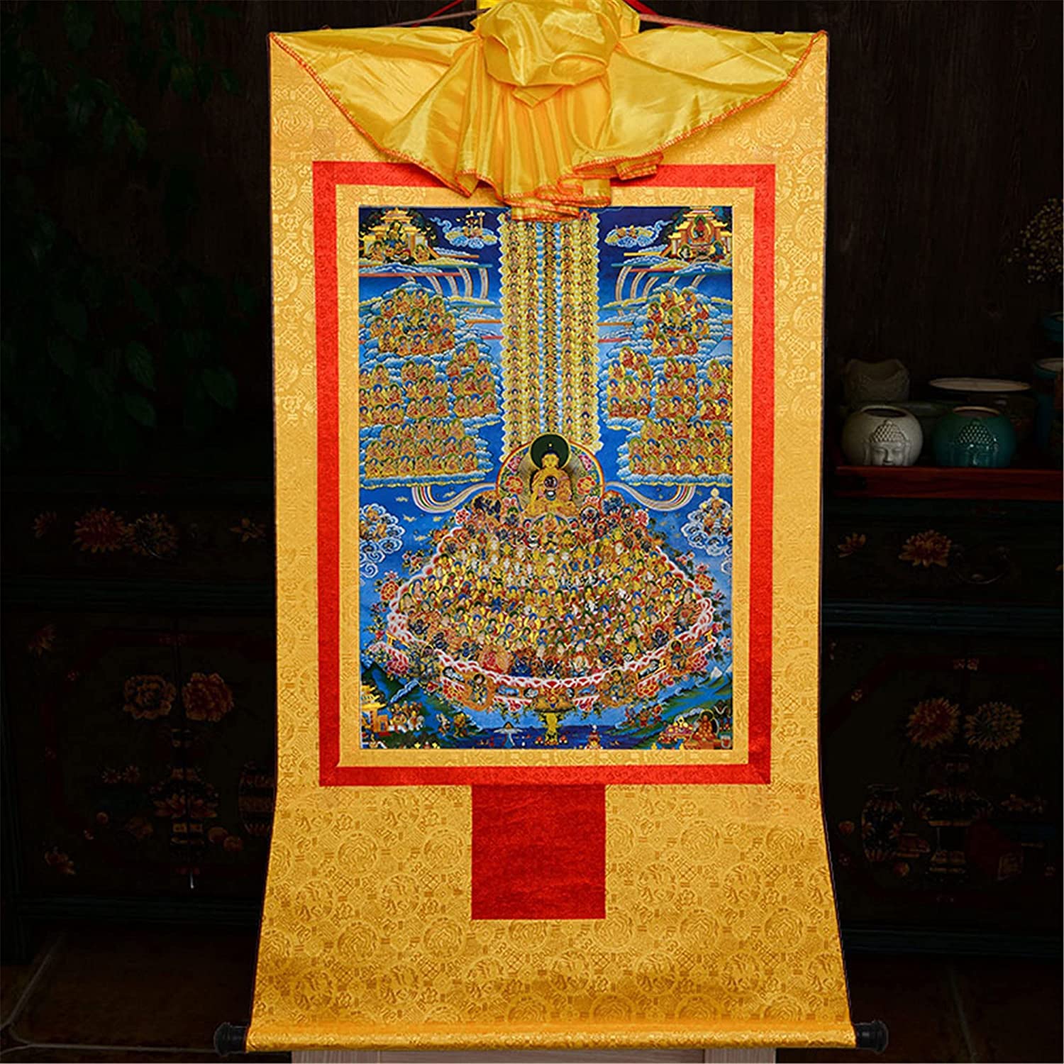 Gobelin Thangka, buddyjska statua malarstwa Buddy, gobelin Buddy ze zwojem, Shakyamuni na drzewie schronienia, nawrócenie Buddy Gautamy, tybetańska statua Buddy Malarstwa Sztuki, Gobelin Buddy Biały