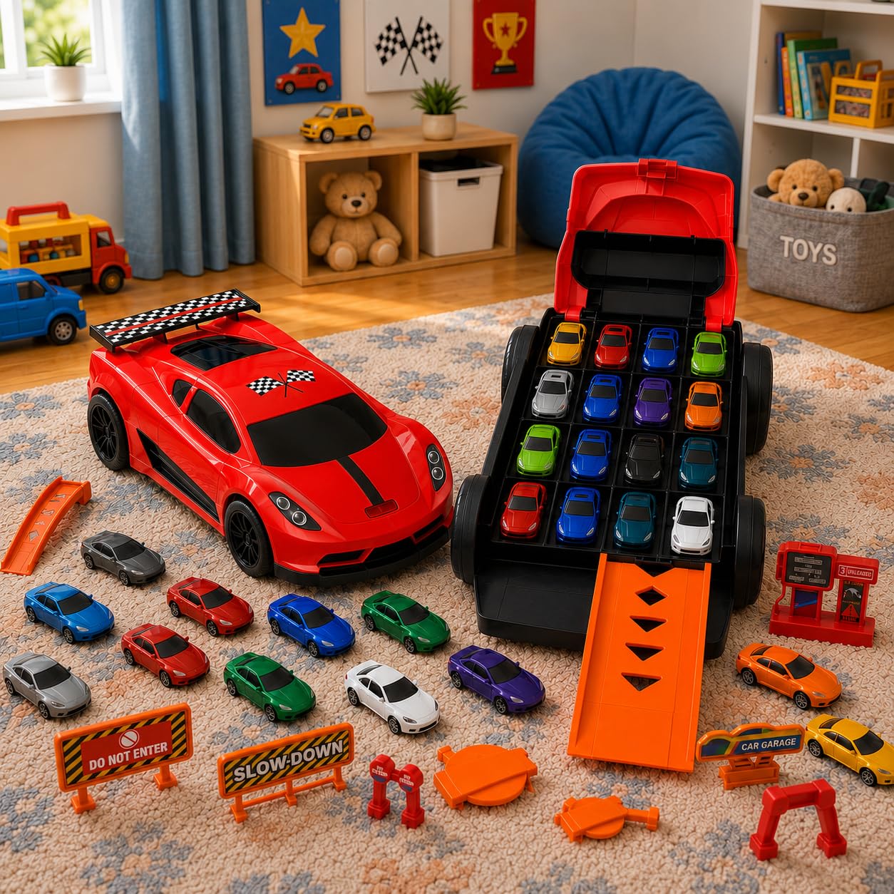 Mirana Car-in-Car Garage Toy for Kids | 4 Diecast Metal Cars Playset | Foldable Storage with Handle | Holds up to 16 Vehicles | Birthday, Diwali, Return Gift for Boys & Girls 18+ Months (Red)-image-48
