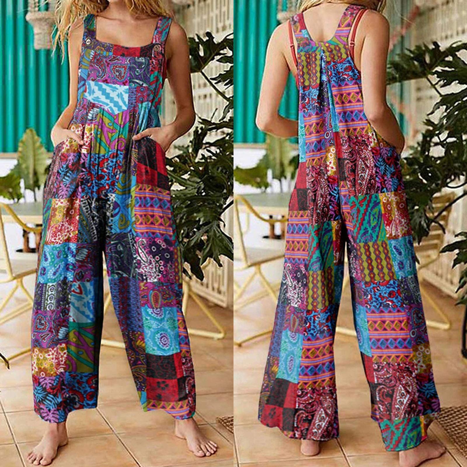 Nicoxijia Overol de verano con doble bolsillo para mujer, de pierna ancha, tirantes sin mangas, floral, pantalones bohemios