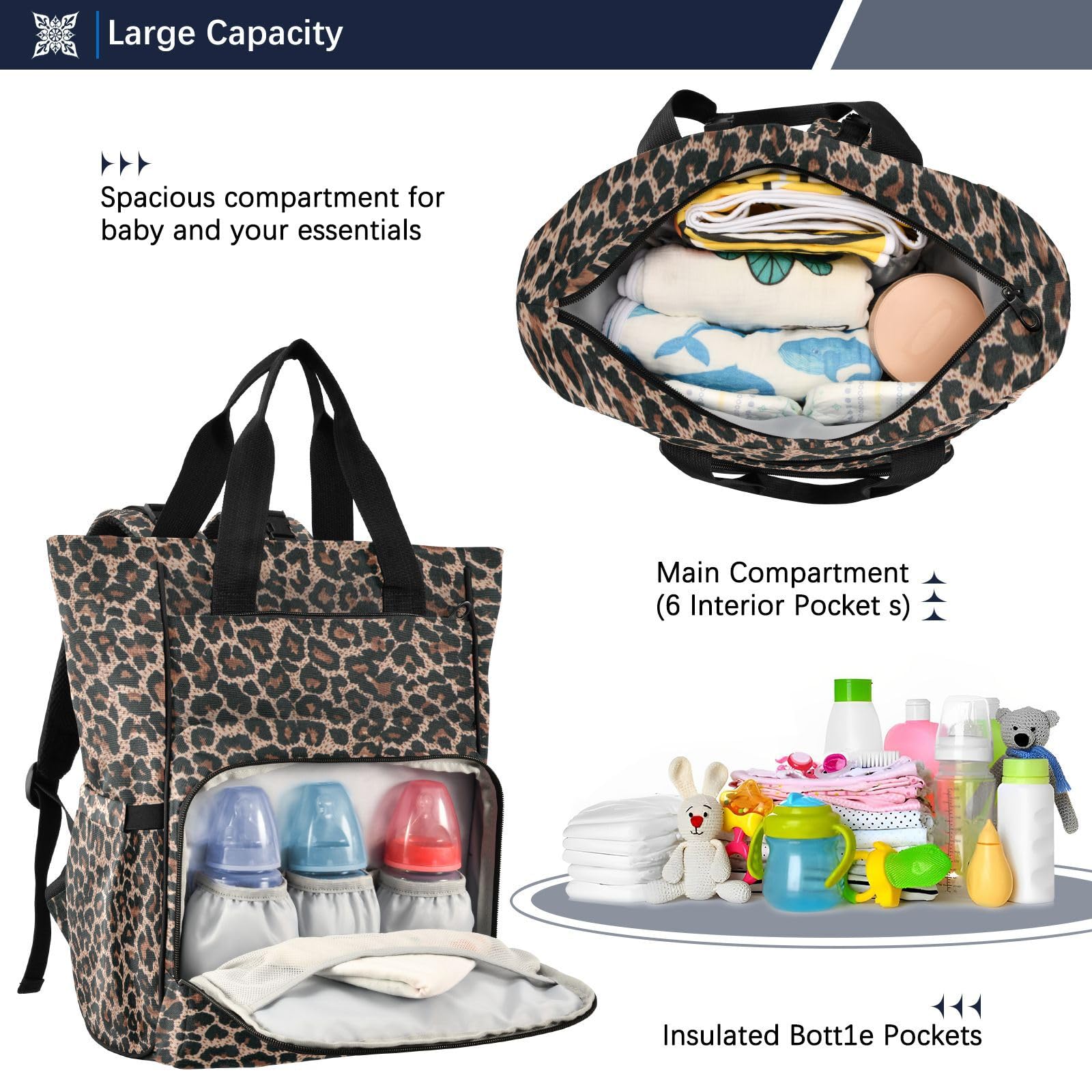 Wickeltasche mit Leopardenmuster, Gepardenmuster, für Damen und Herren, großer Laptop-Rucksack, Reiserucksack, Tagesrucksack, Lunchtasche mit isolierten Taschen, Kinderwagengurten, wasserdicht,