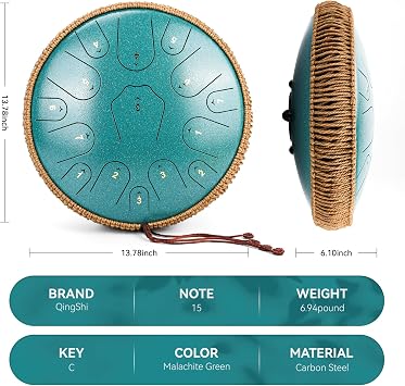 Steel Tongue Drum -14 Inch 15 Notes Tongue Drums, Handpan Drums, Steel Drum Instrument for Adults, Rubber Xylophone Mallet Percussion with Wood Handle, Bell Mallets Glockenspiel Sticks