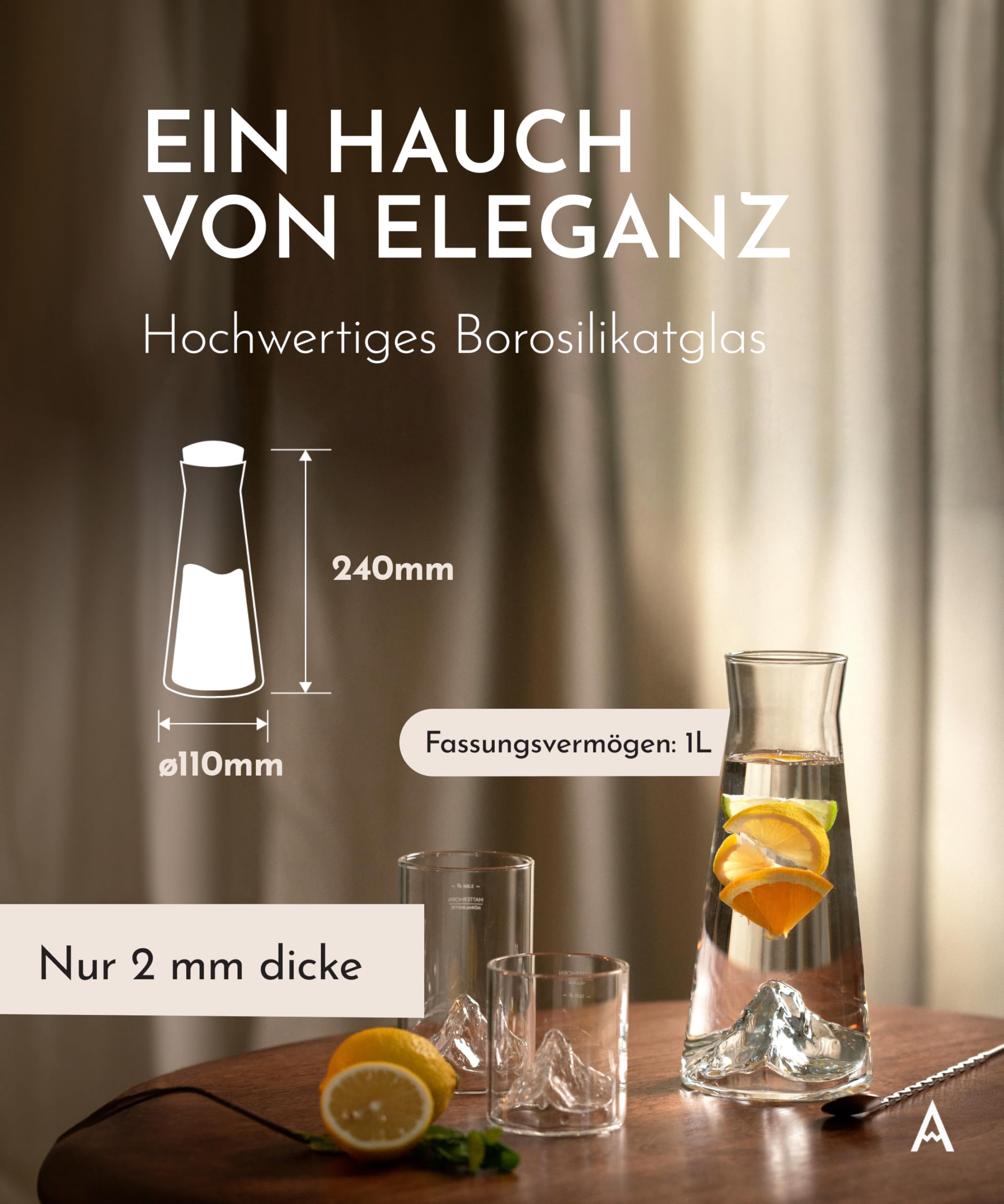 Premium Karaffe glas mit Bergen drin – Wasserkaraffe Glas 1L, Glaskaraffe mit Deckel, Borosilikatglas, mundgeblasen & handgefertigt