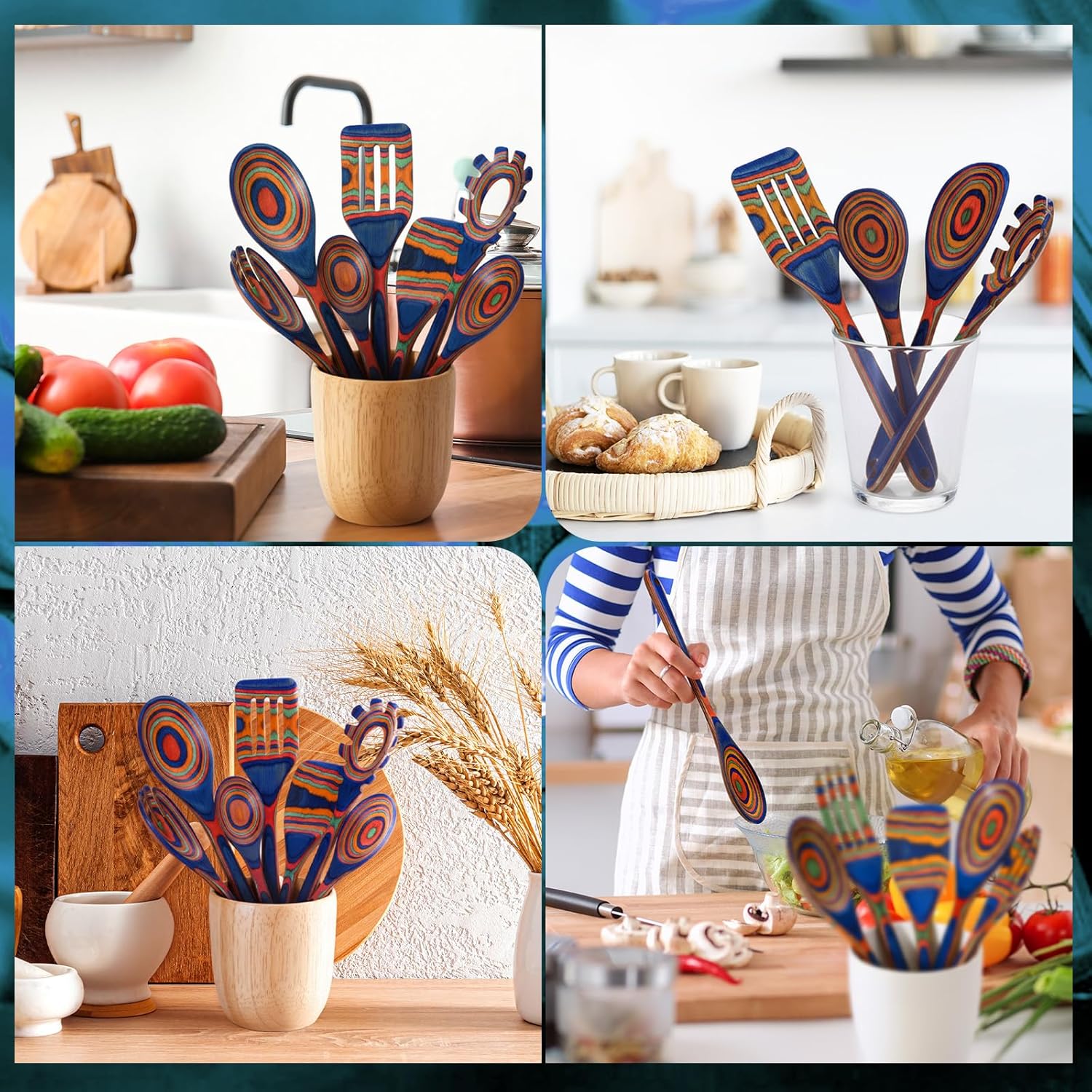 10 Pcs Pakkawood Kitchen Utensils Set Blue Rainbow Pakkawood Wooden Spoons for Cooking with Spatula, Slotted Turner, Rice Paddle Long Handle Non Stick Utensils Set for Household Women Gifts