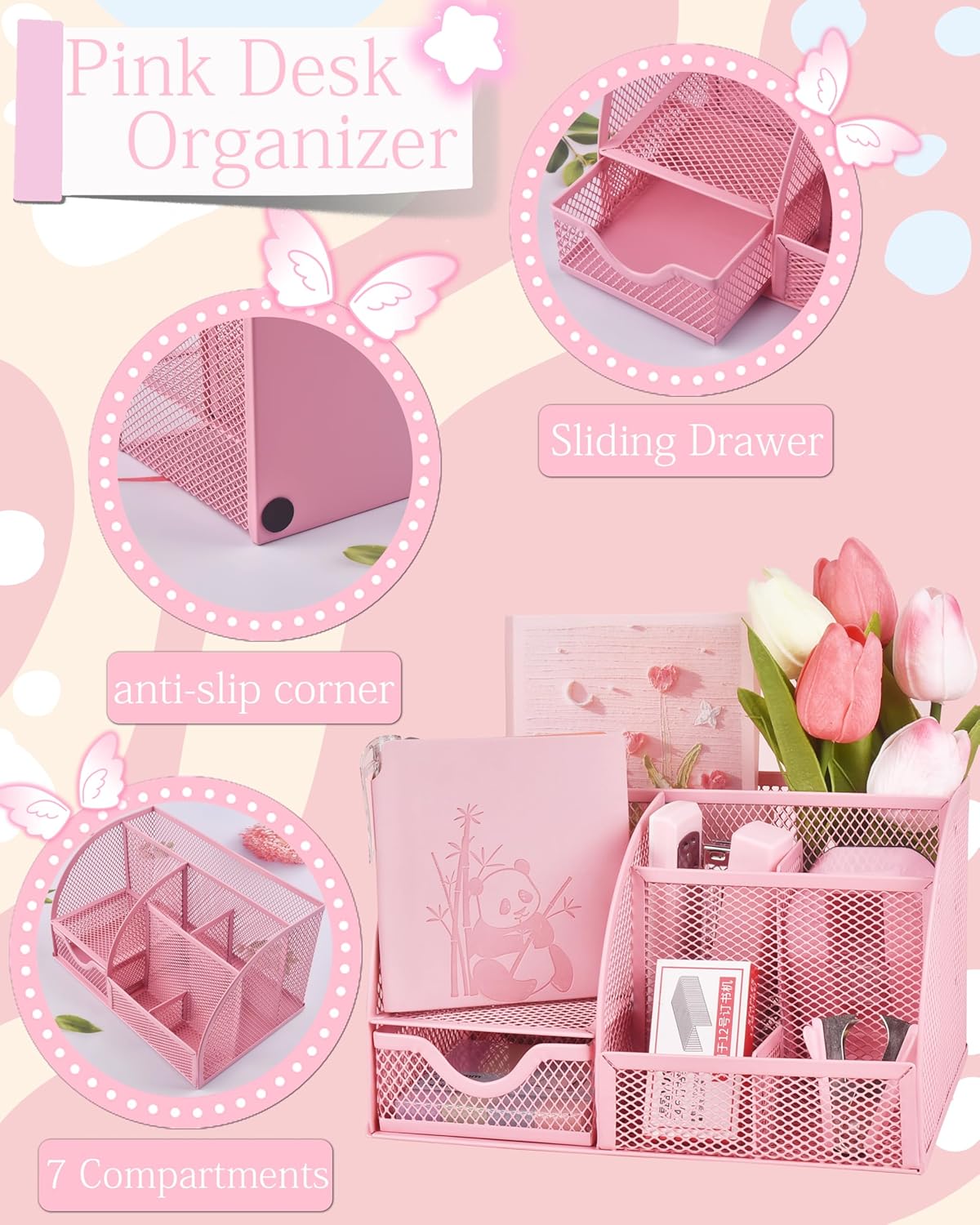 23pc Pink Desk Accessories and Organizers with Mesh Organizer Stapler Tape Dispenser Calculator and a Lot of Office Pink Office Supplies Beautifully Presented in a Gift Box - Image 2