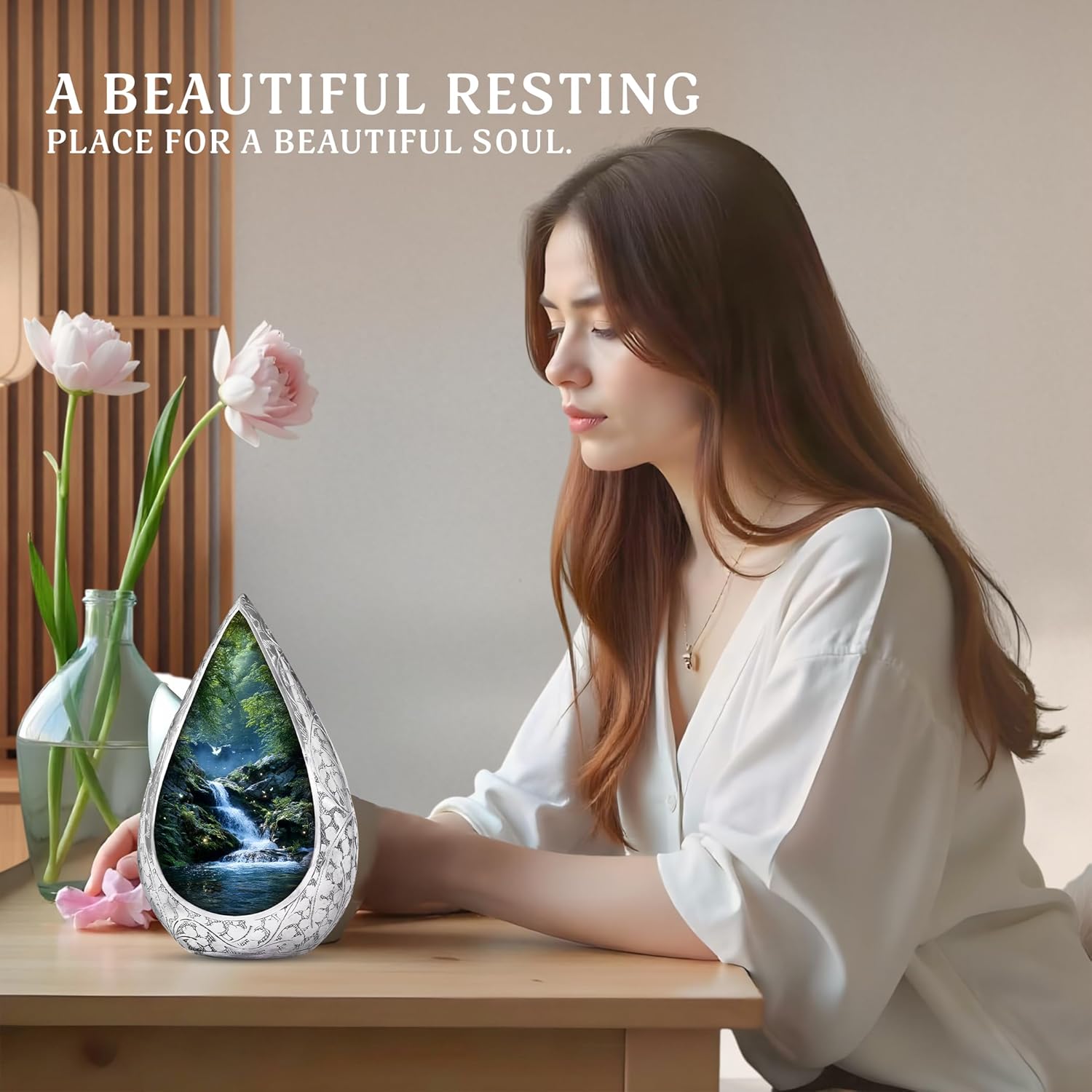 Waterfall Large Cremation Urns for Human Ashes Adult 10 Inch - Forest Memorial Urn for Husband and Wife Burial - Teardrop Funeral Ashes Urns for Men and Women