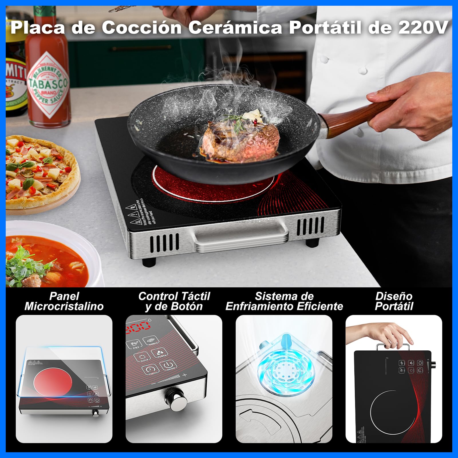 Placa de Cocina Electrica Portatil 1 Fuego 2200W, Placa de Cocina Electrica Pequeña con Controles Táctiles y 18 Niveles de Potencia, Placa de cocción Para, viajes y campings.