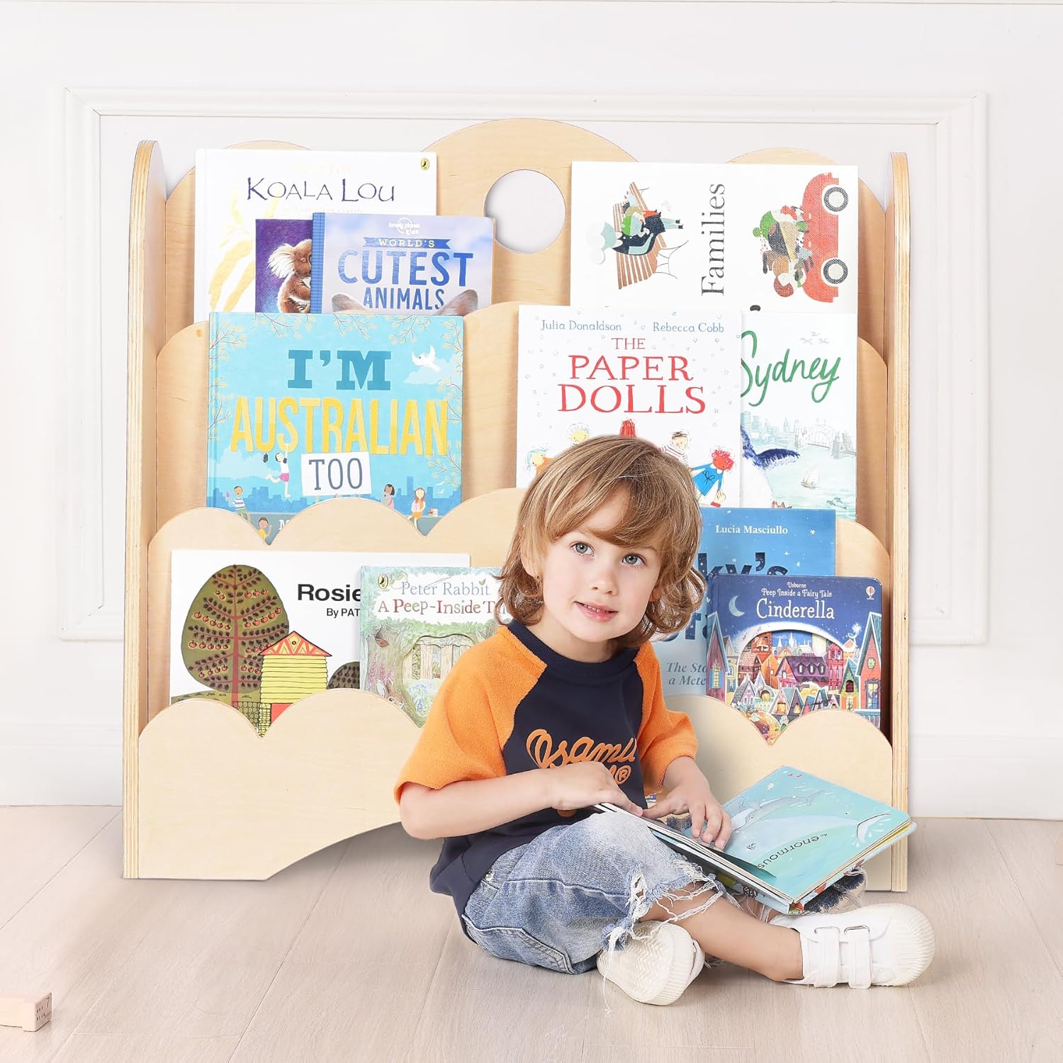 3-Tier Wooden Kids Bookshelf with Scalloped Front-Facing Shelves – Montessori-Inspired Floor Bookcase for Toddler Bedrooms, Playrooms, Nurseries & Classrooms