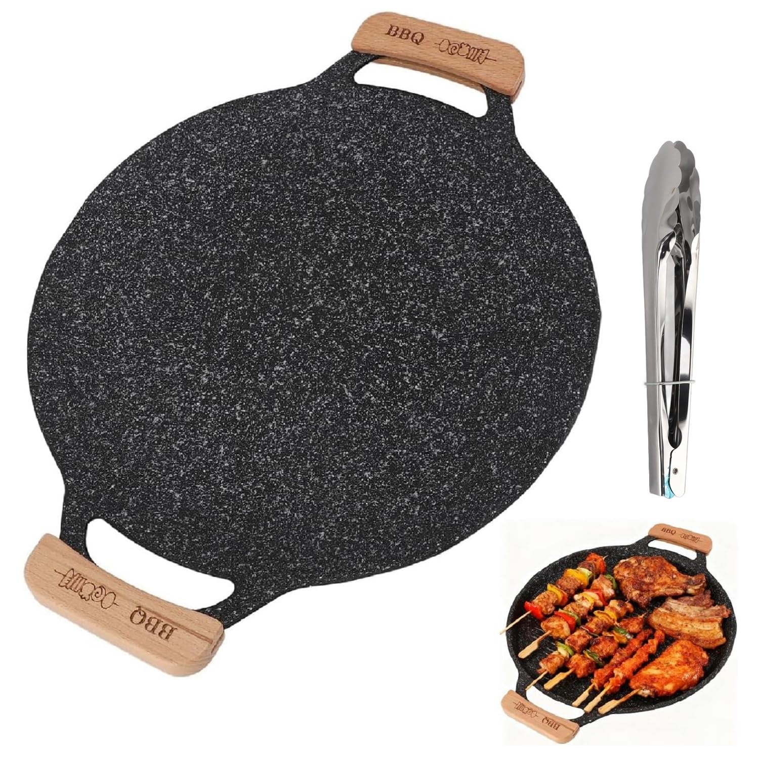 Tissting Sartén para Parrilla Coreana, 38 cm Sartén para Parrilla Plana de Aluminio, Plancha Redonda Antiadherente para Barbacoa, Comales para Tortillas para Estufa de Gas de Inducción