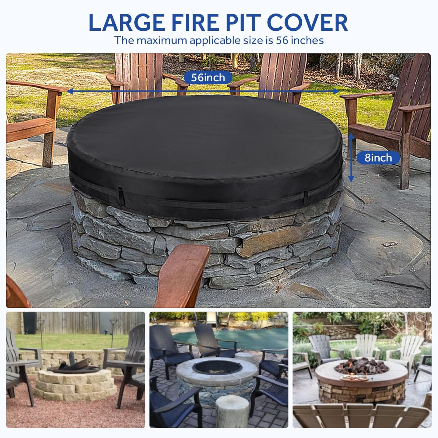 Round Fire Pit Cover, 52-56 Inch In Ground Fire Pit Cover for Outdoor Patio Built in Fire Pit, Heavy Duty Round Gas Fire Pit Table Cover 600D Oxford Cloth Rainproof, Snowproof, Windproof,Black