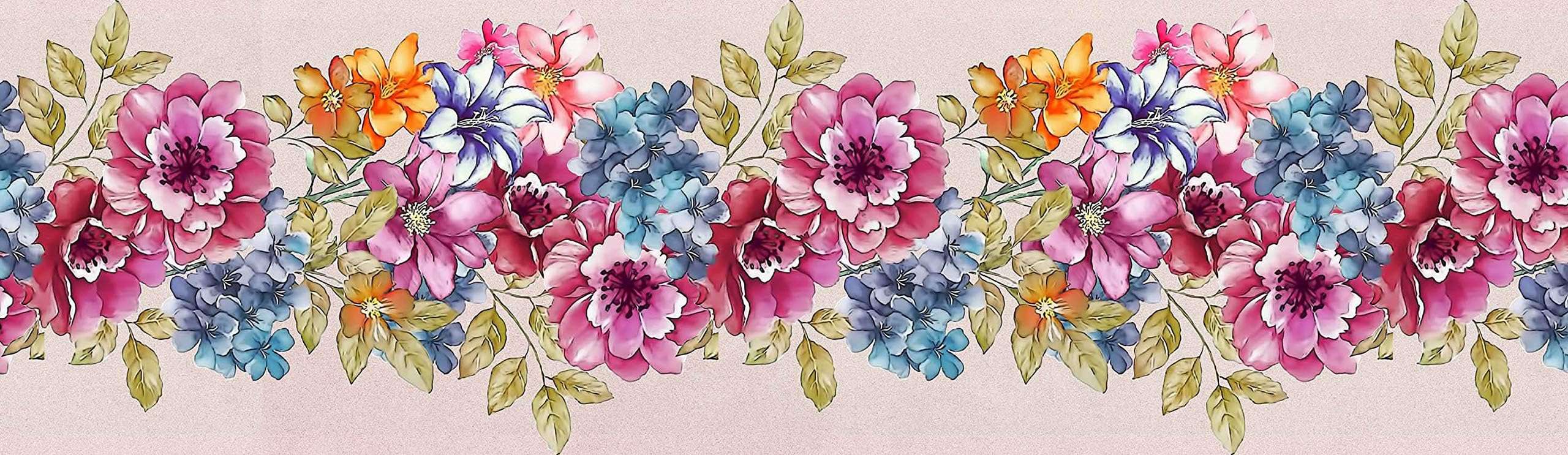 WallDesignArtistic Blue Iris & Wild Rose Flowers Border Sticker - 5.25 inch Width by 30 ft Length