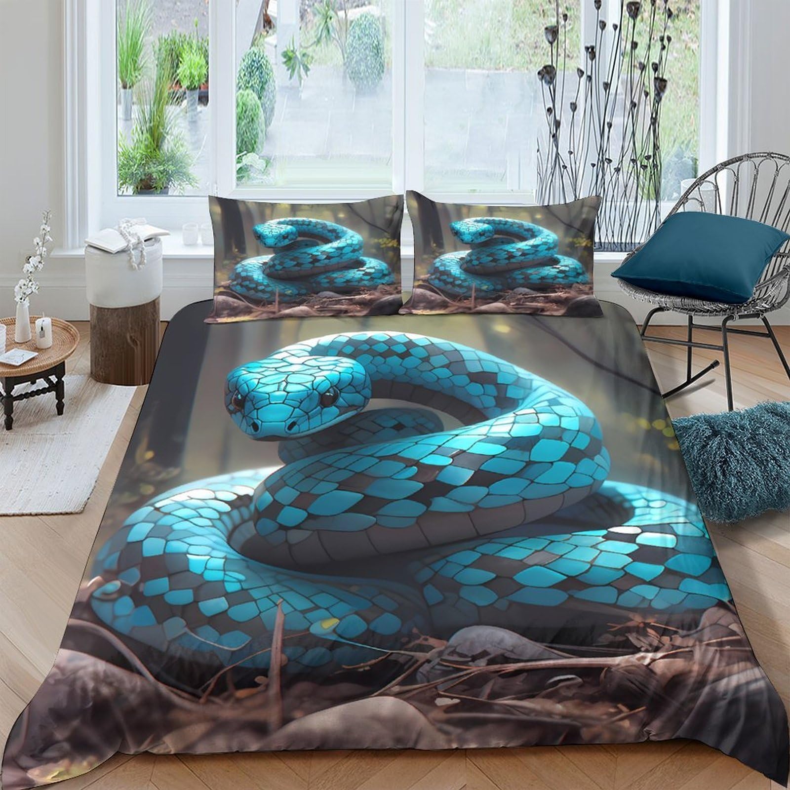 Ctjqhvkz Style-6 3D Printed Blue Snake Fitted Sheet Microfiber Soft Non Slip Reptile Bed Cover For Bedroom Dorm Mattress Protection Decor Single（135X200cm）