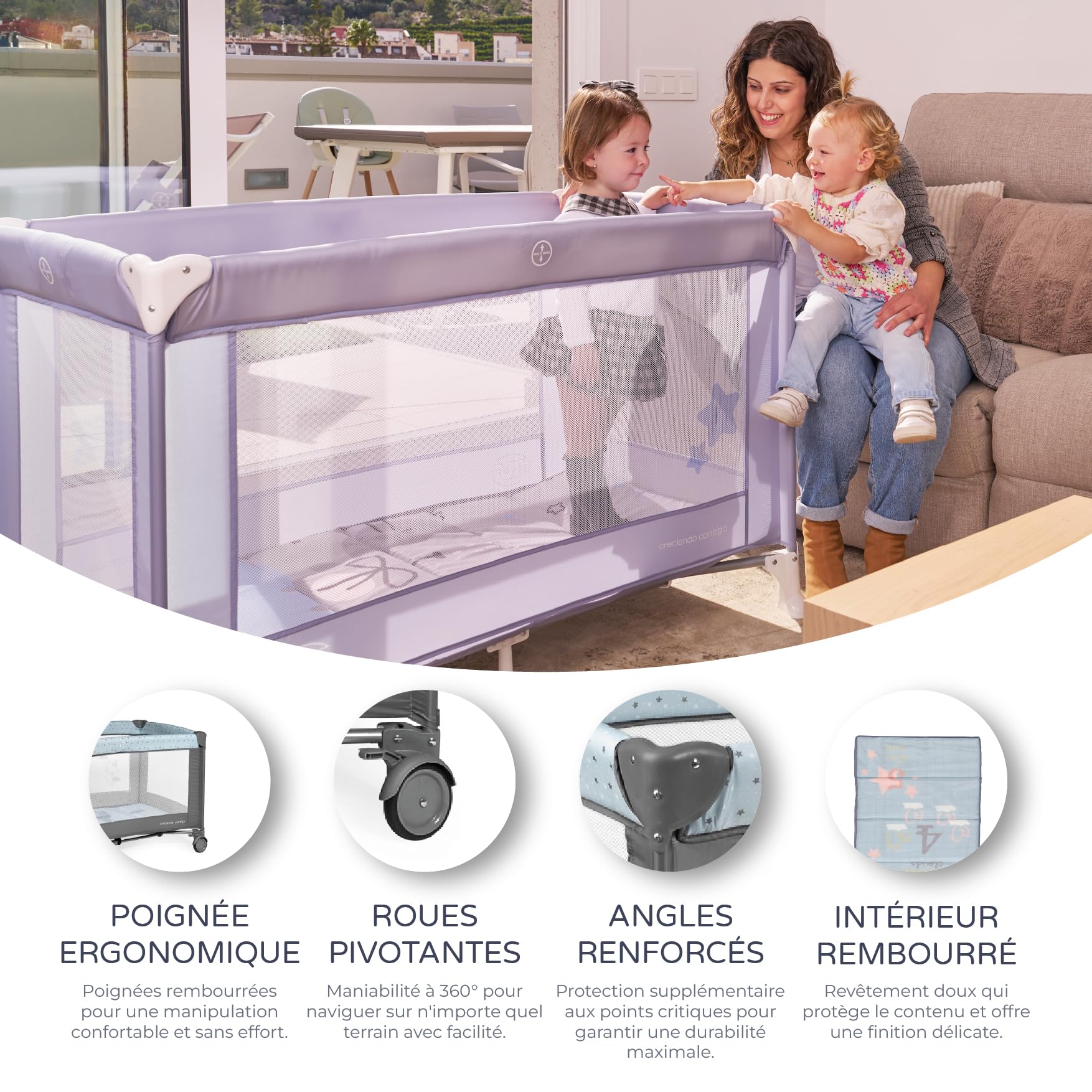 ms Innovations Lit de Voyage 120 x 60 cm pour bébé, avec Matelas et Sac de Transport, de 0 Mois à 15 kg, Pliable et Facile à Monter. Il est léger et Stable - Bleu/Gris.