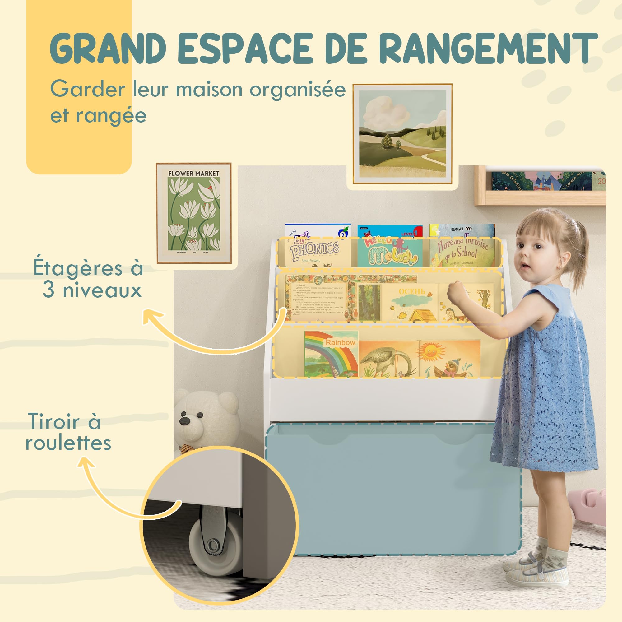 AIYAPLAY Bibliothèque pour Enfants Rangement 62,5L x 30l x 70H cm Blanc | pour Livres et Jouets Multi-Rangement, 3 Niveaux d'Étagères, Tiroir