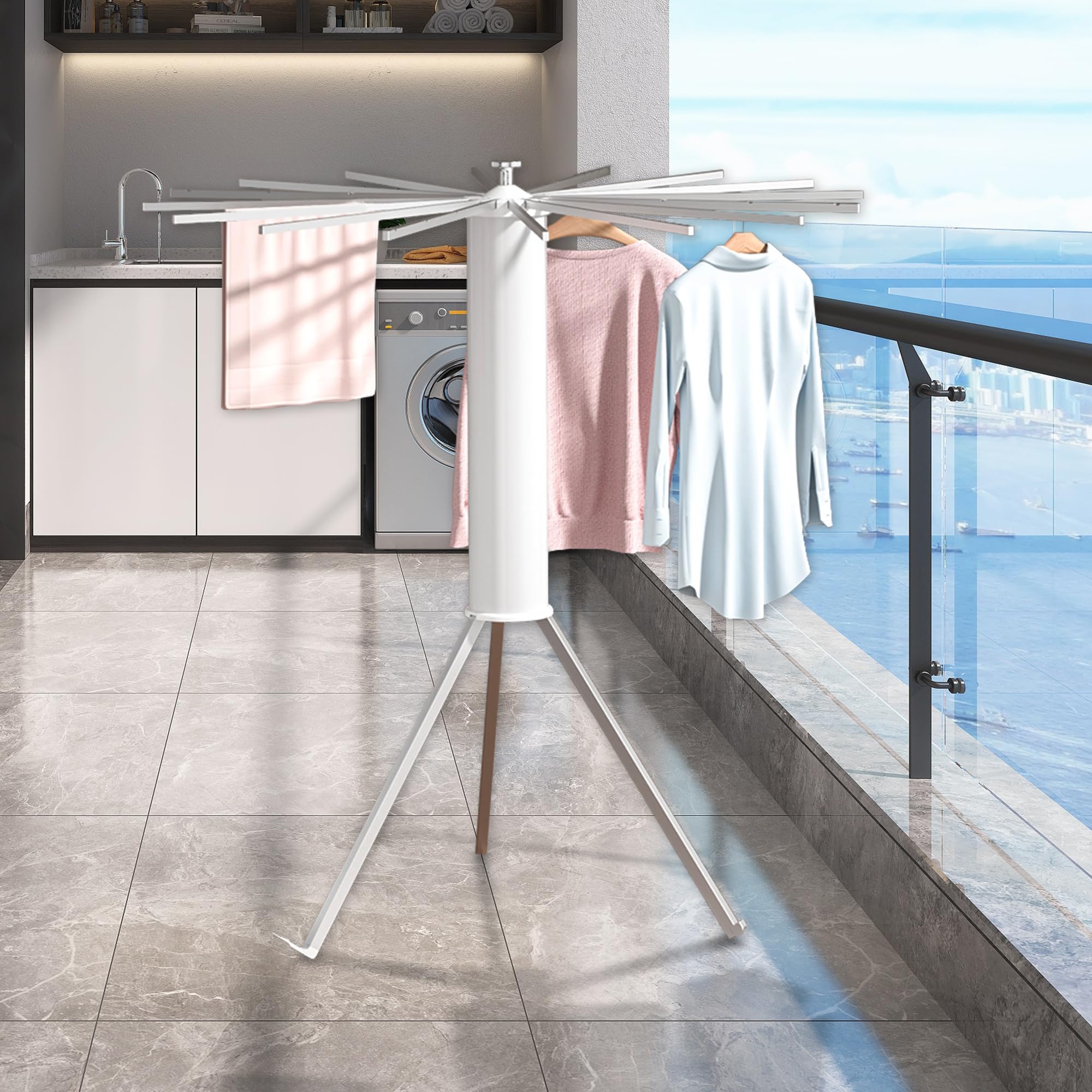 ENLEE Tripod Clothes Drying Rack Portable, Foldable Floor Standing Drying Rack Clothing with 16 Aluminum Alloy Drying Arms, Collapsible Laundry Drying Rack for Laundry Room, Balcony, Bedroom, RV