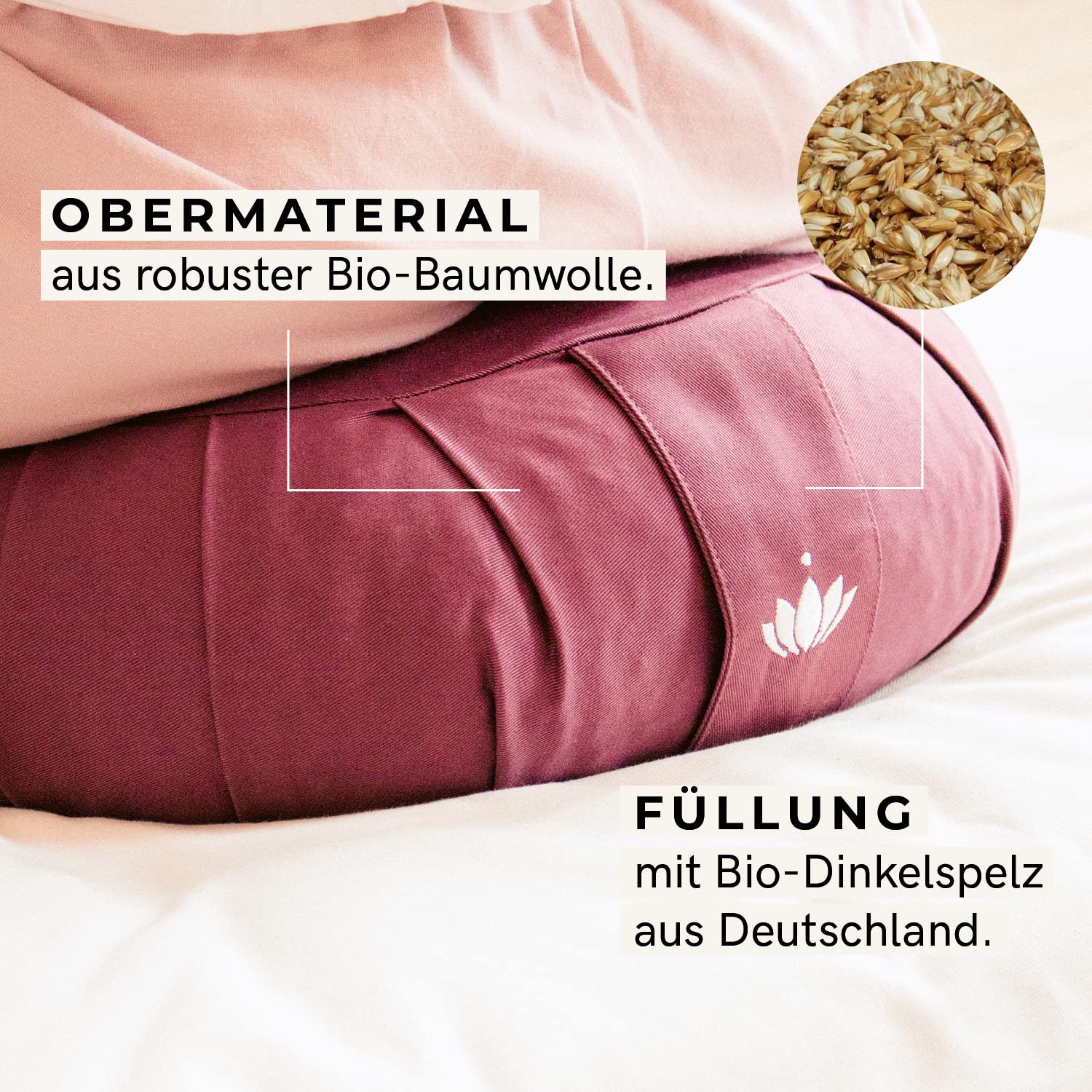 Lotuscrafts Zafu Meditationskissen Yogakissen Zen - Sitzhöhe 15cm - Yoga Zafukissen mit Dinkelfüllung - Waschbarer Bezug aus Bio-Baumwolle - GOTS Zertifiziert - Mit Bestickung
