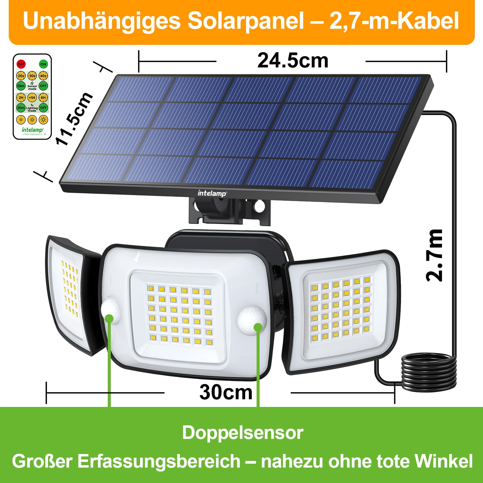 INTELAMP Proiettore Solare con Rilevatore di Movimento e Telecomando, Lampada Solare ad Alta Luminosità 6000mAh 1200LM, 4 Modalità, Angolo di 270°, Luci Solari a Luce Calda 3000K, Lampade Solari per