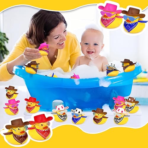 Miniatura 5 de 12 juegos de patos vaqueros con mini sombrero, bufanda y gafas de sol, mini pato de baño, juguetes para cumpleaños, natación, fiesta, regalo,